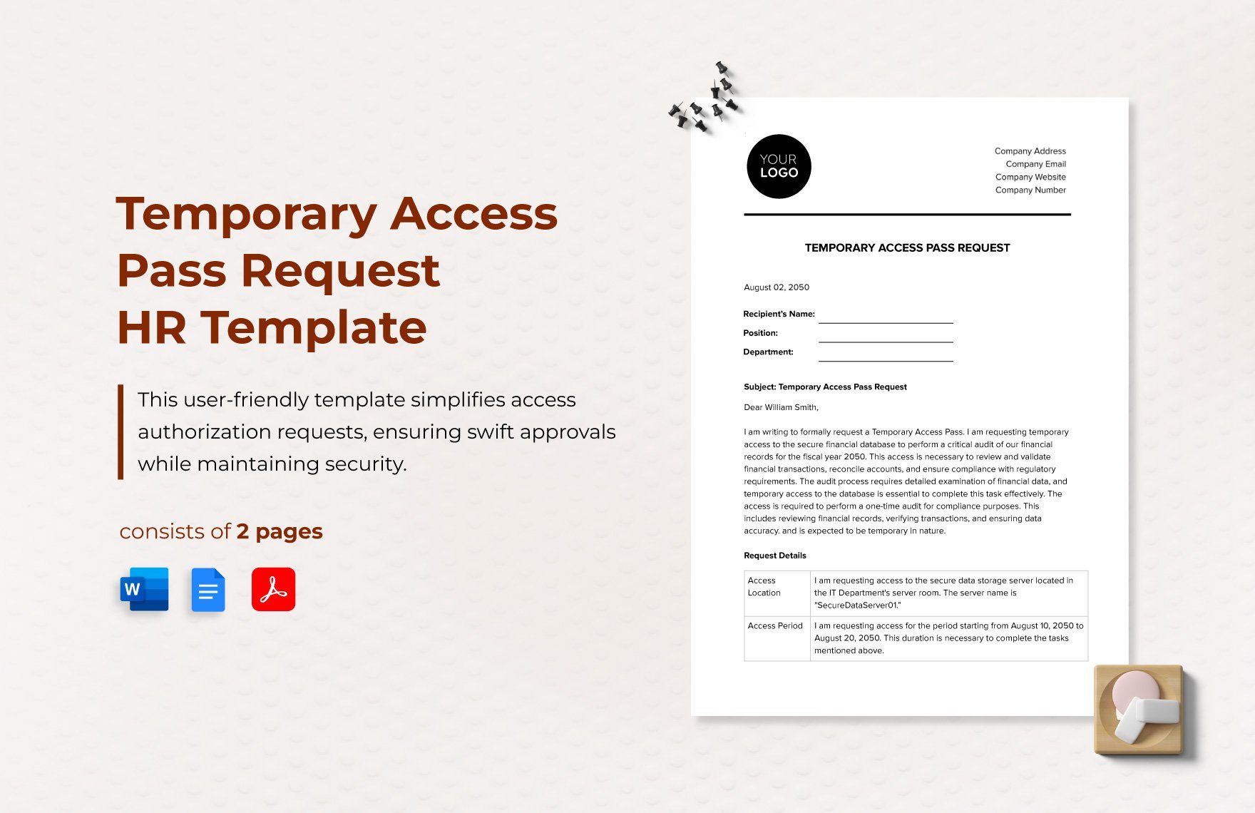 Temporary Access Pass Request HR Template in Word, Google Docs, PDF