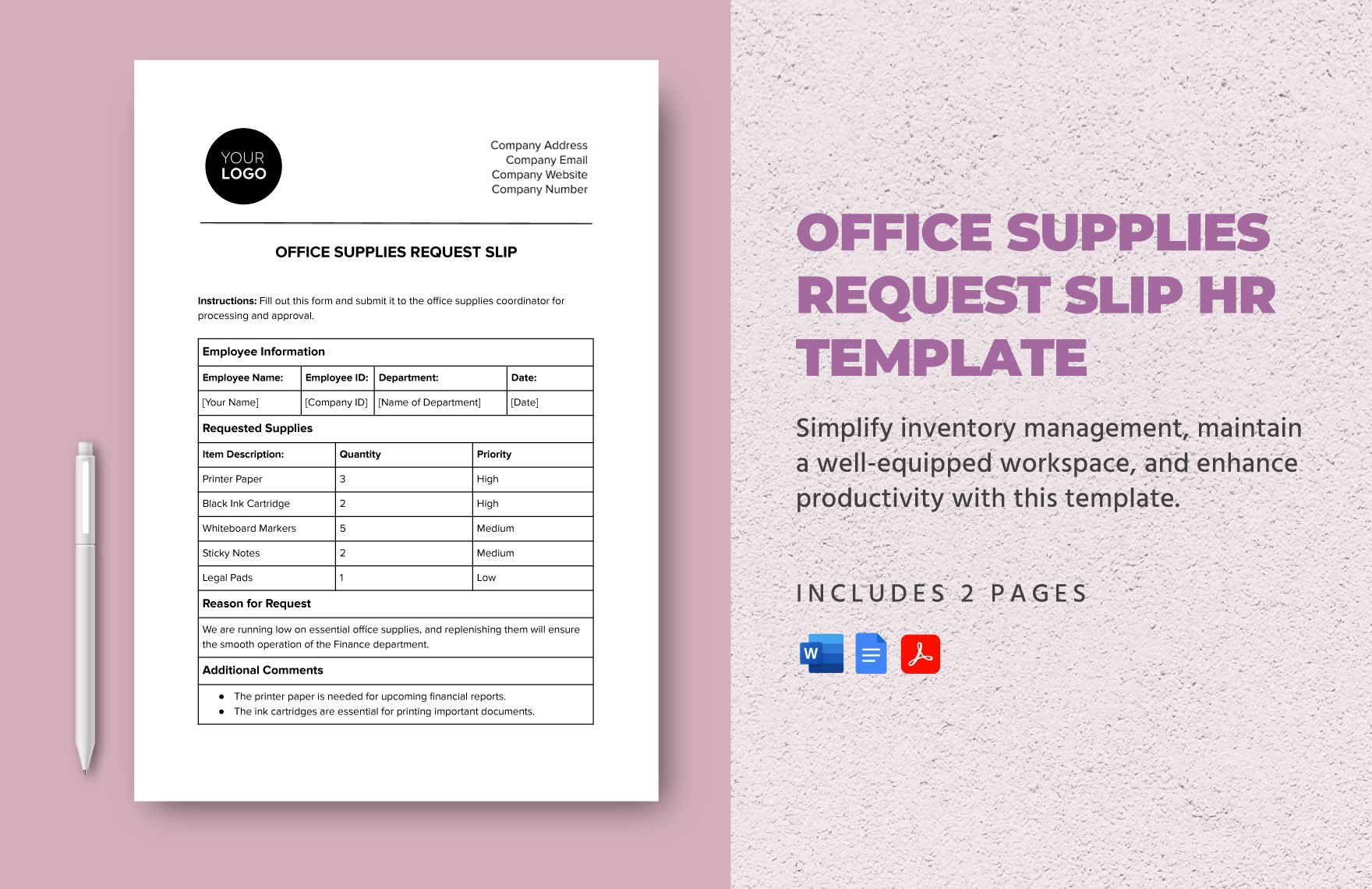 Office Supplies Request Slip HR Template in Word, Google Docs, PDF