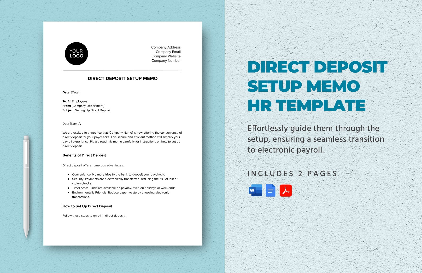 Direct Deposit Setup Memo HR Template in Word, Google Docs, PDF