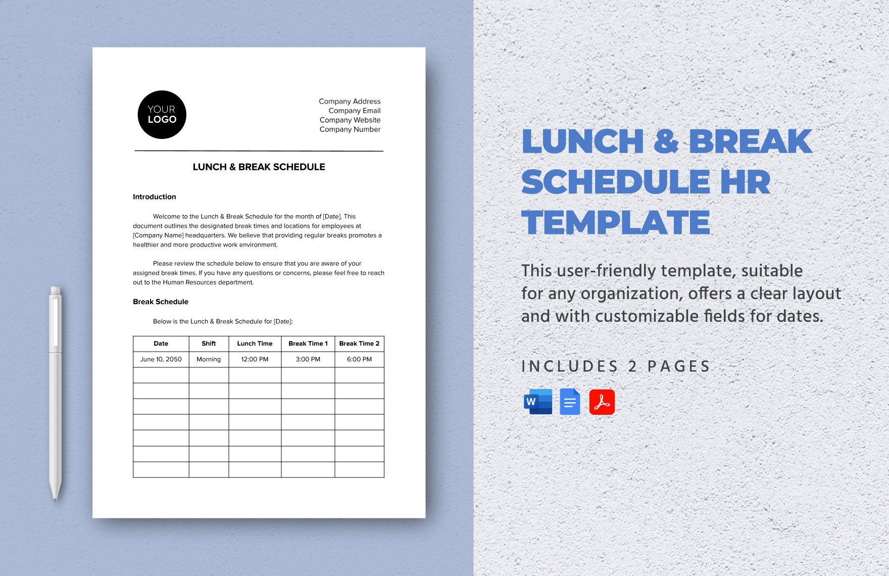 Lunch & Break Schedule HR Template in Word, Google Docs, PDF