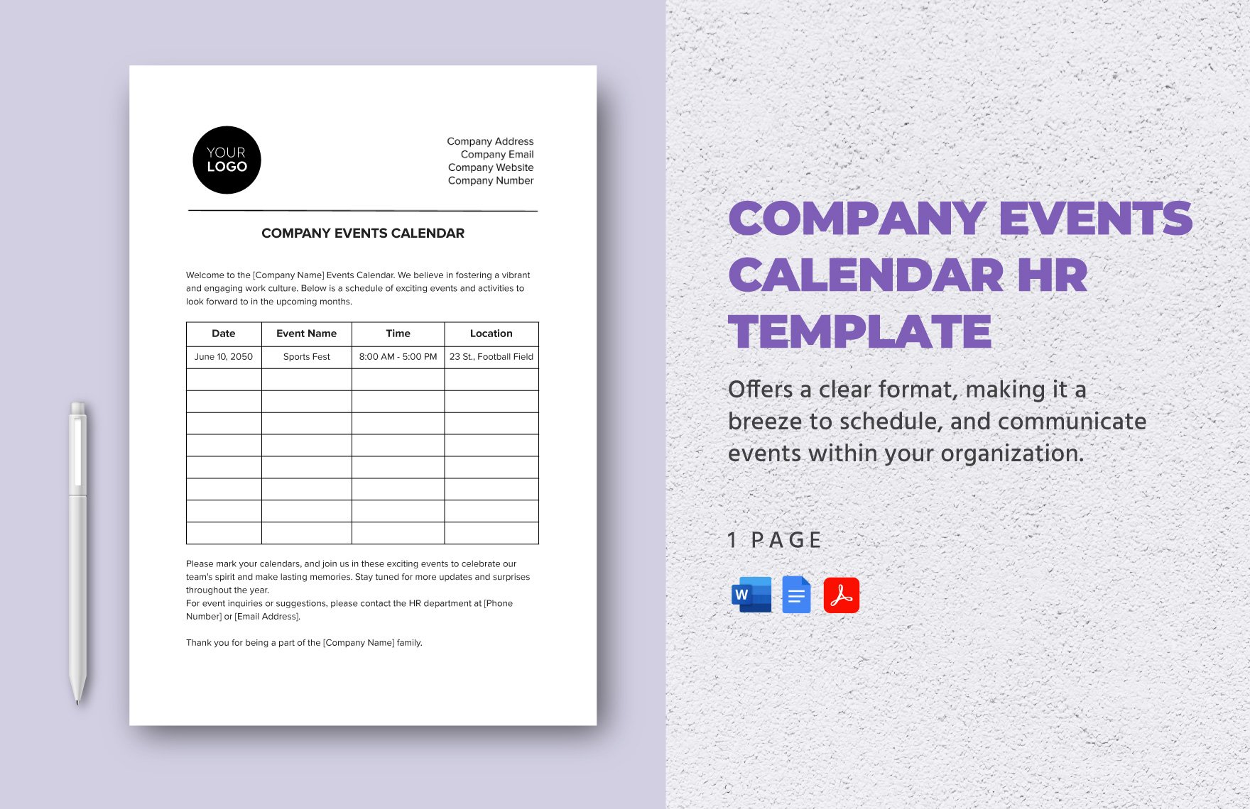 Company Events Calendar HR Template in Word, Google Docs, PDF