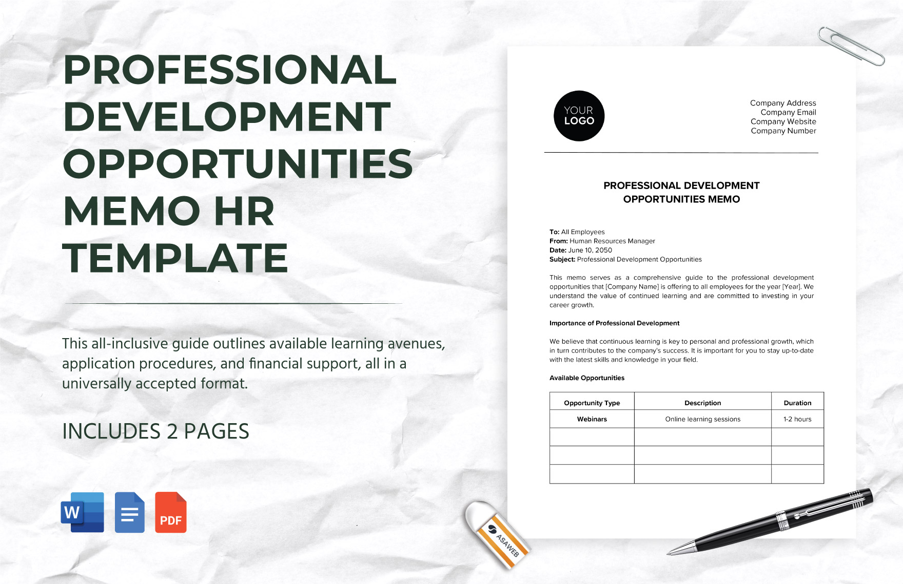 Professional Development Opportunities Memo HR Template in Word, Google Docs, PDF