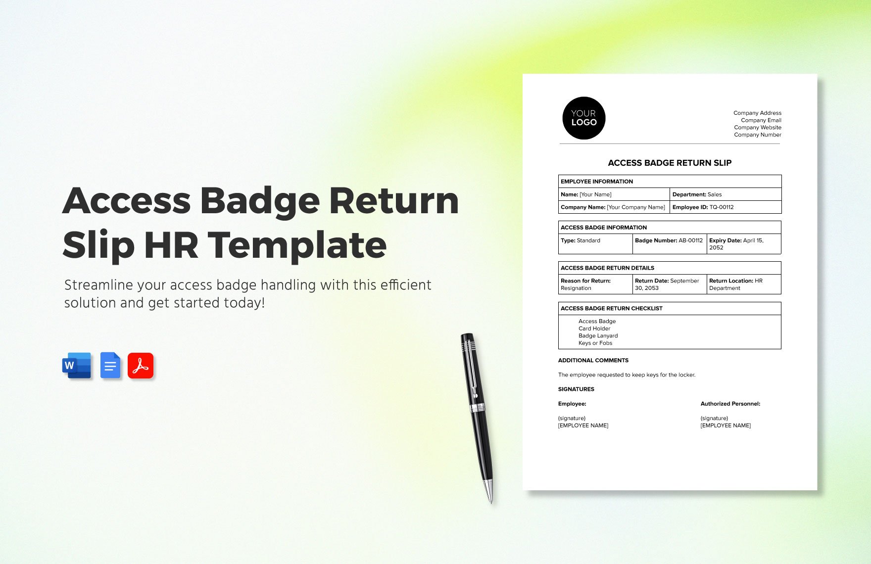 Access Badge Return Slip HR Template