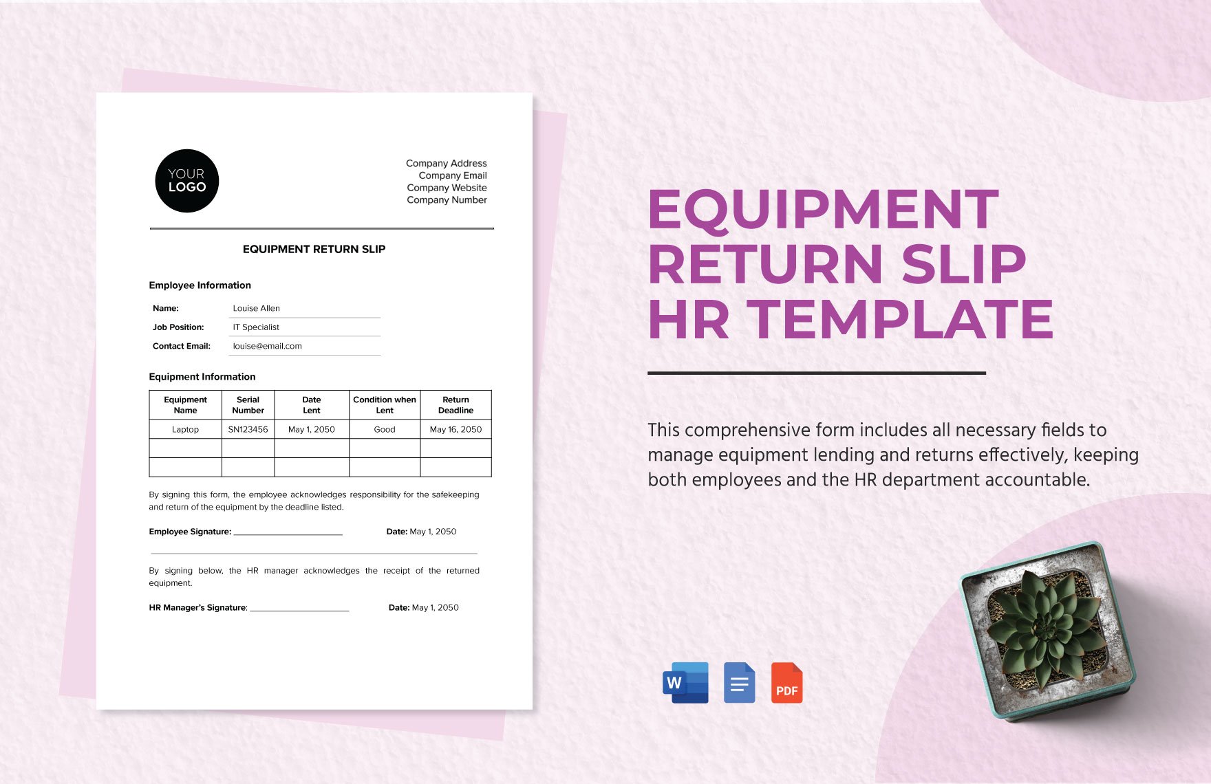 Equipment Return Slip HR Template in Word, Google Docs, PDF