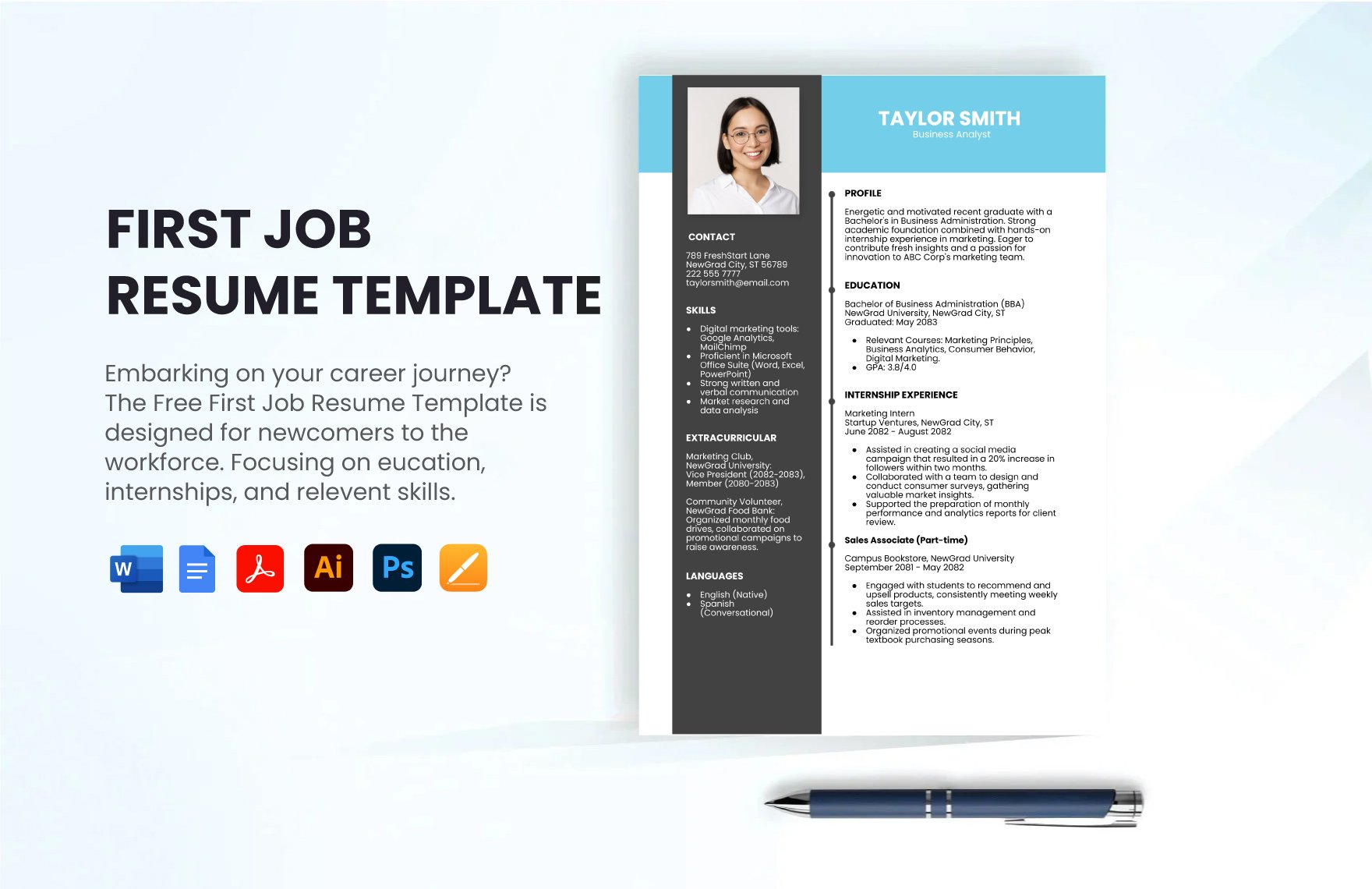 Free First Job Resume Template in Word, Google Docs, PDF, Illustrator, PSD, Apple Pages