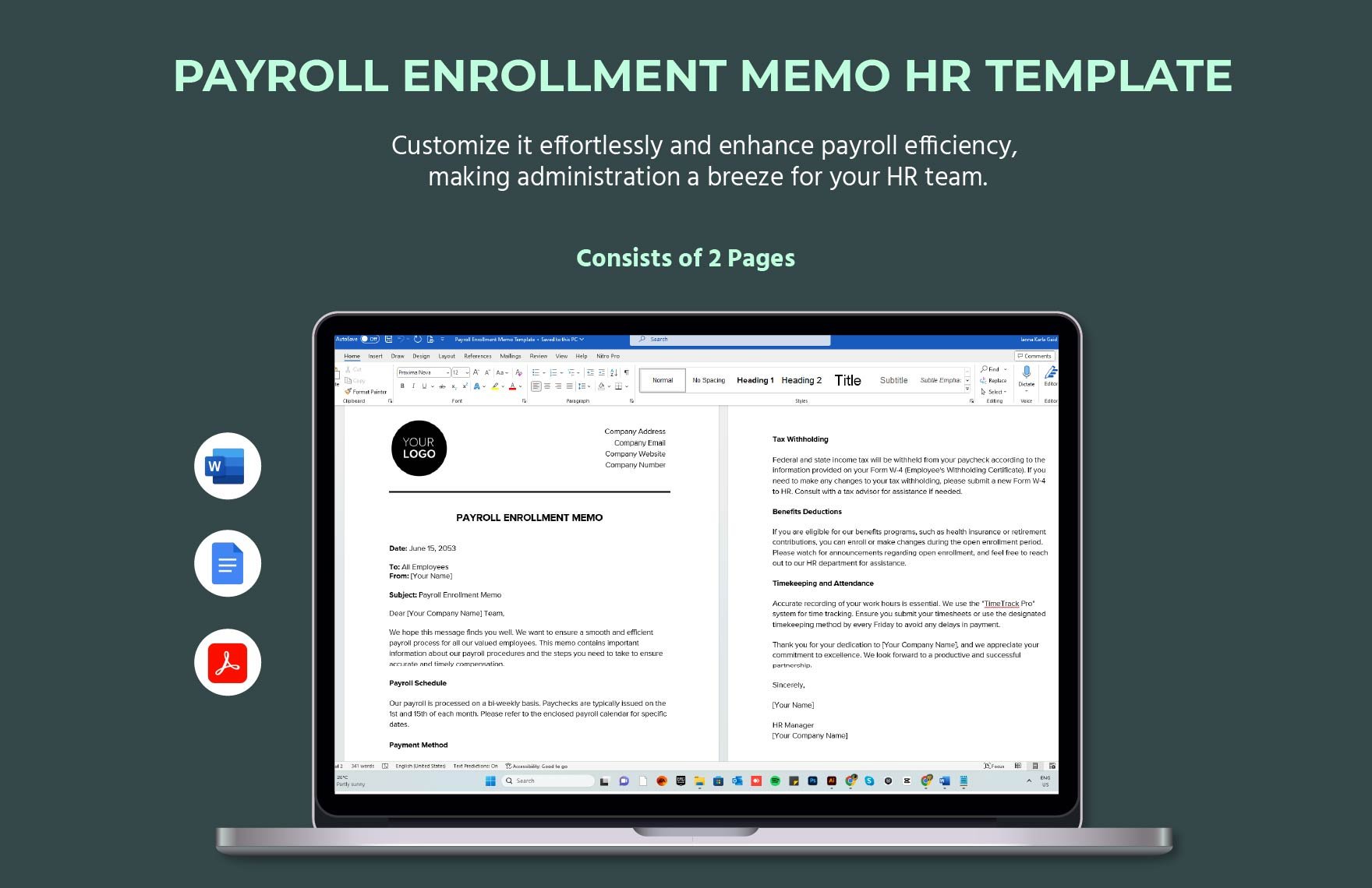 Payroll Enrollment Memo HR Template in Word, Google Docs, PDF