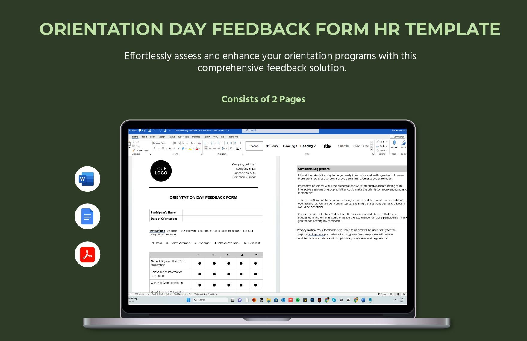 Orientation Day Feedback Form HR Template in Word, Google Docs, PDF