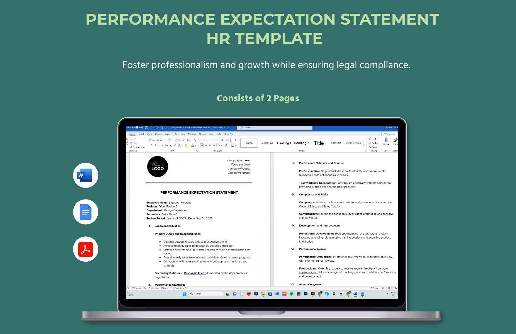 Performance Expectation Statement HR Template