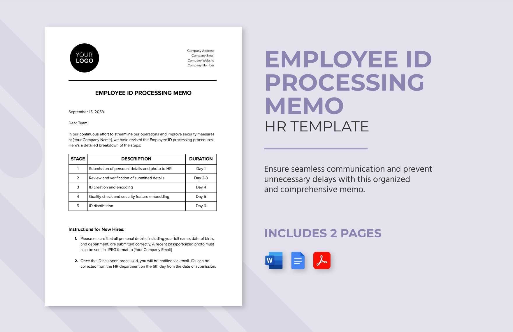 Employee ID Processing Memo HR Template