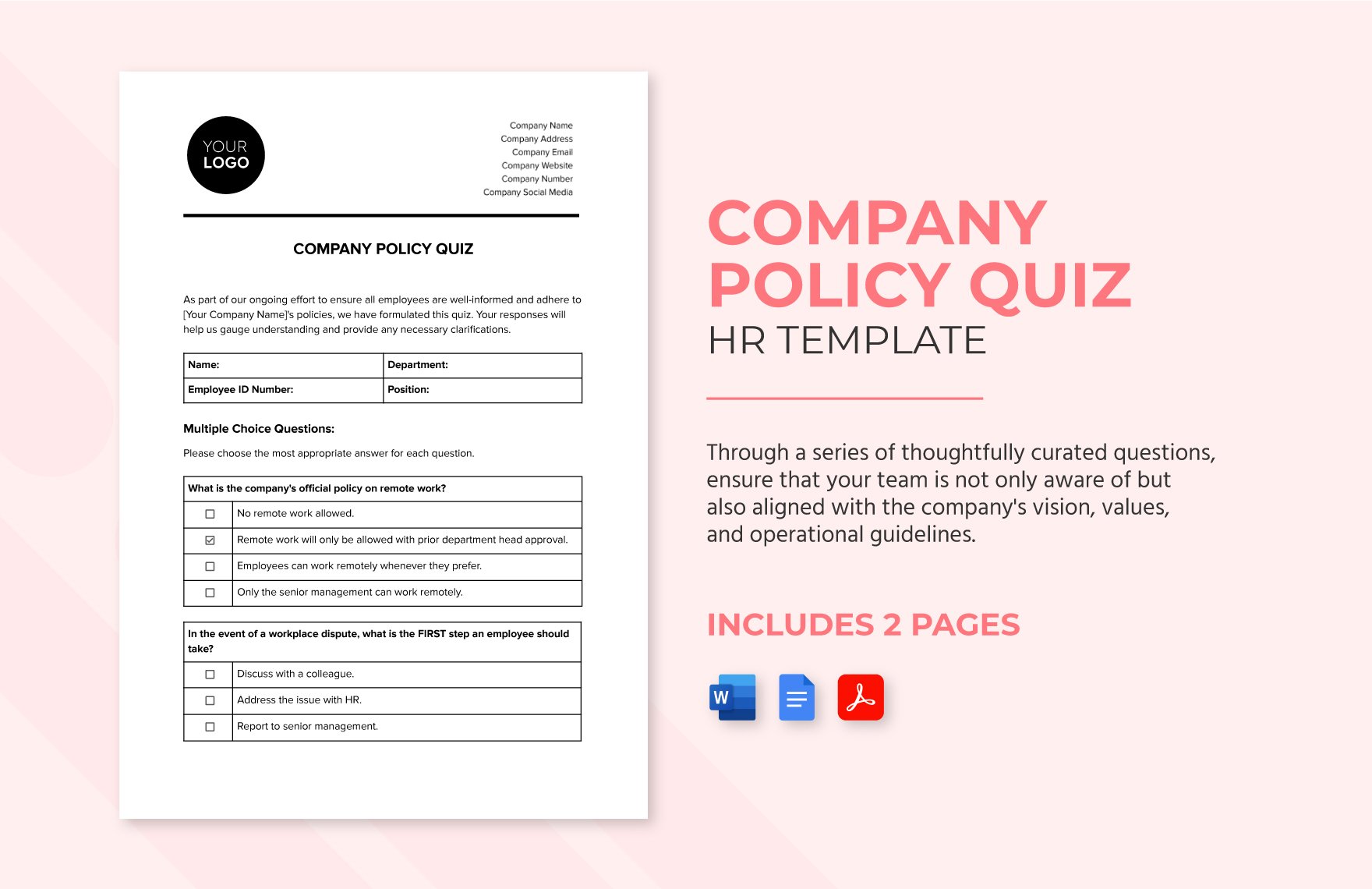 Company Policy Quiz HR Template in Word, Google Docs, PDF