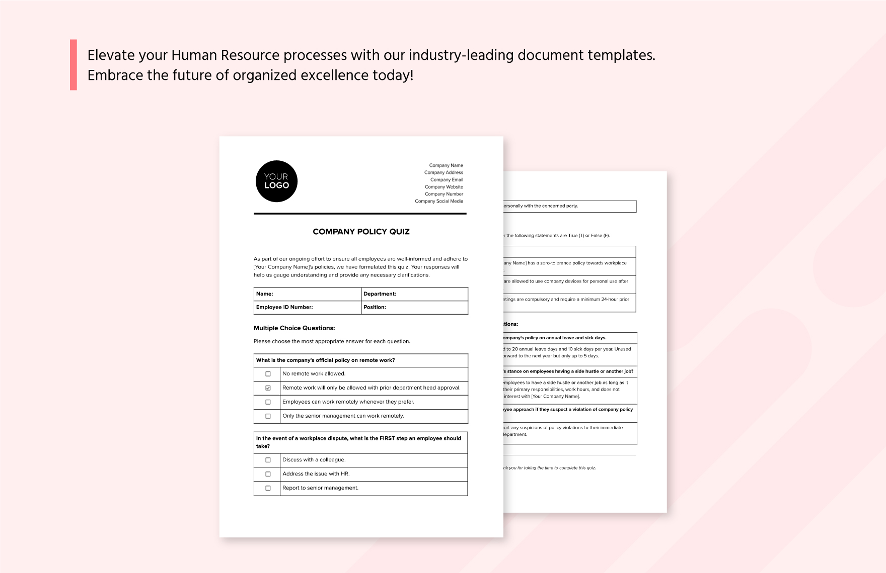 Company Policy Quiz HR Template
