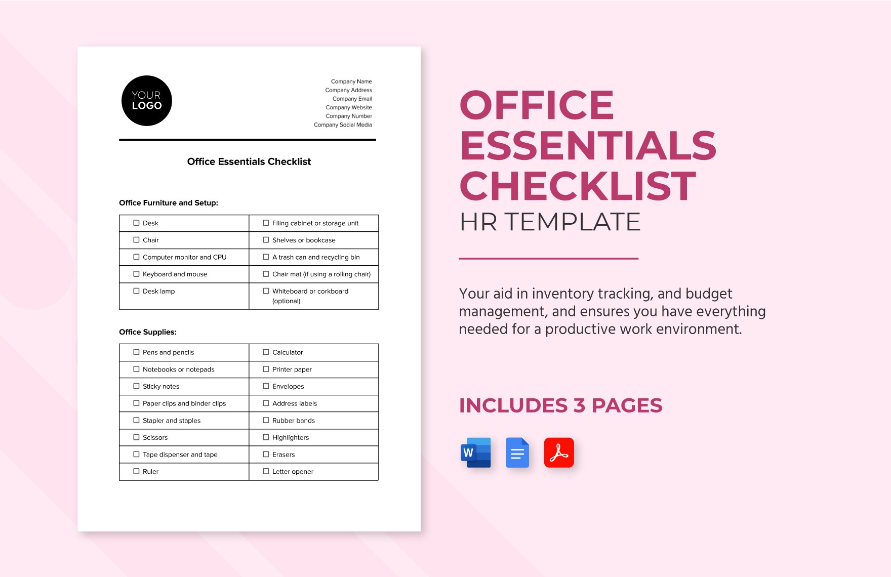 Office Essentials Checklist HR Template in Word, Google Docs, PDF