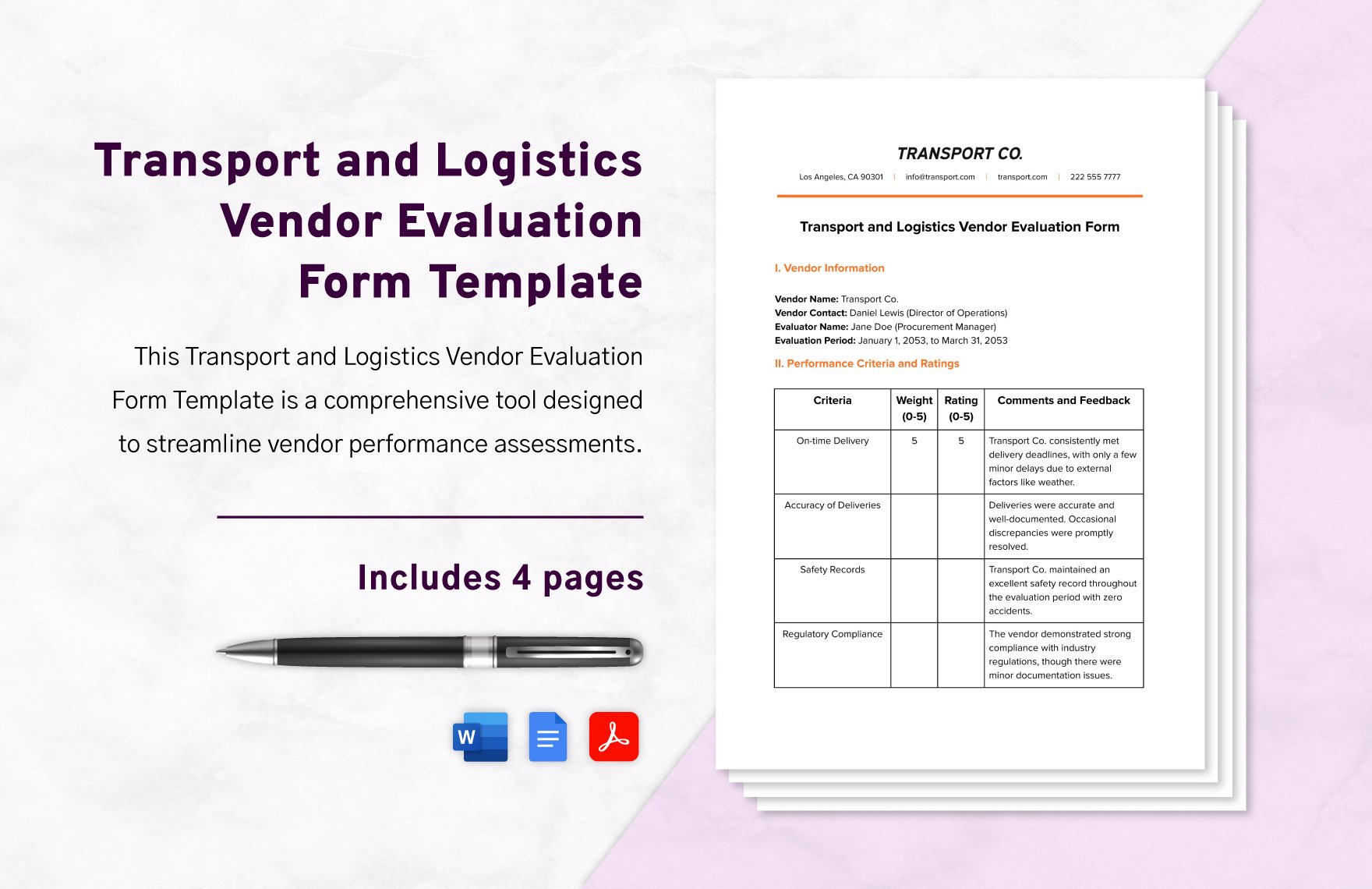 Transport and Logistics Vendor Evaluation Form Template in Word, Google Docs, PDF