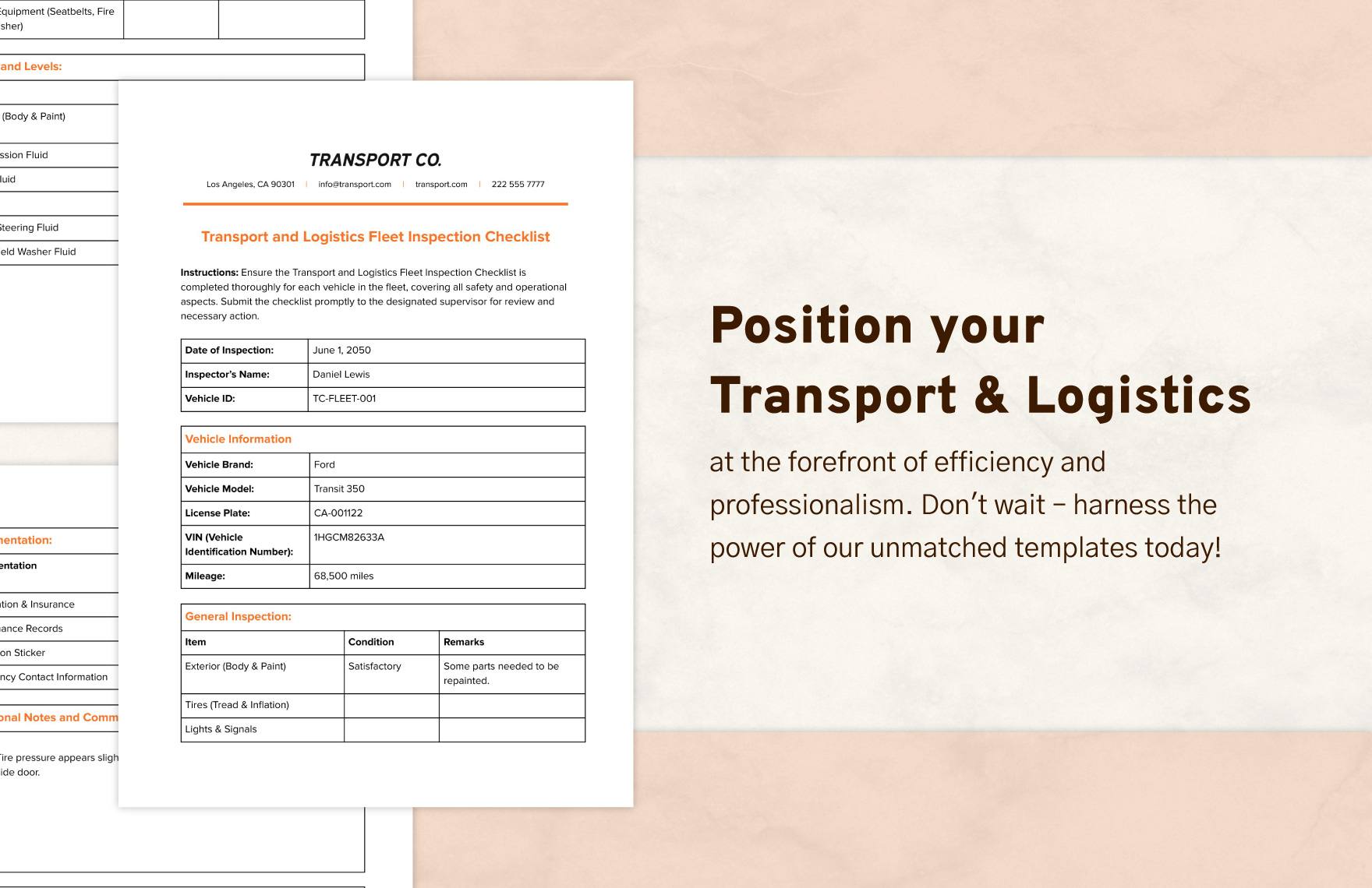 Transport and Logistics Fleet Inspection Checklist Template