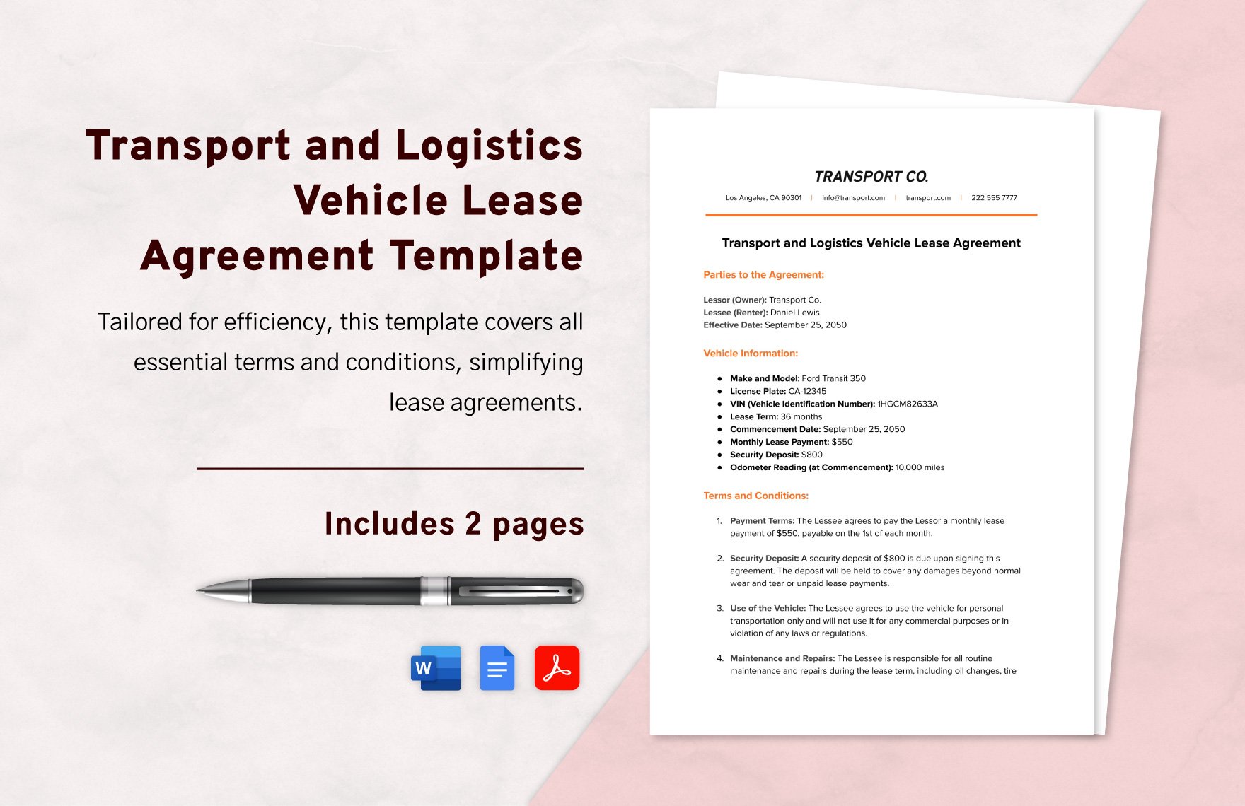 Transport and Logistics Vehicle Lease Agreement Template