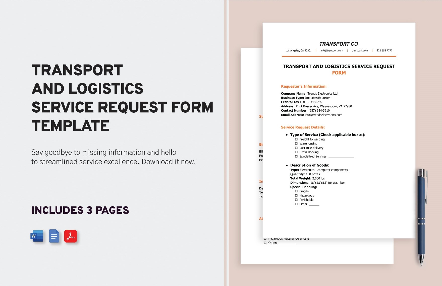 Transport and Logistics Service Request Form Template in Word, Google Docs, PDF