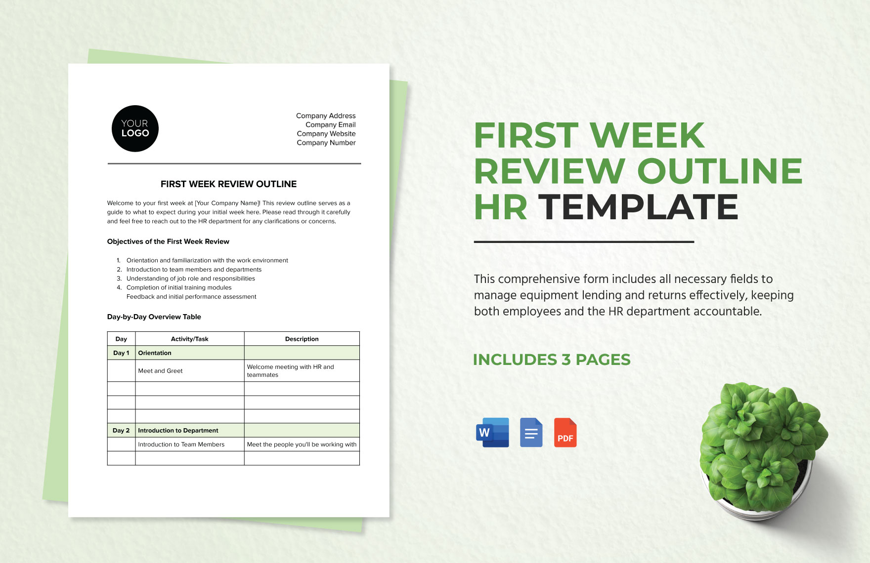 First Week Review Outline HR Template in Word, Google Docs, PDF