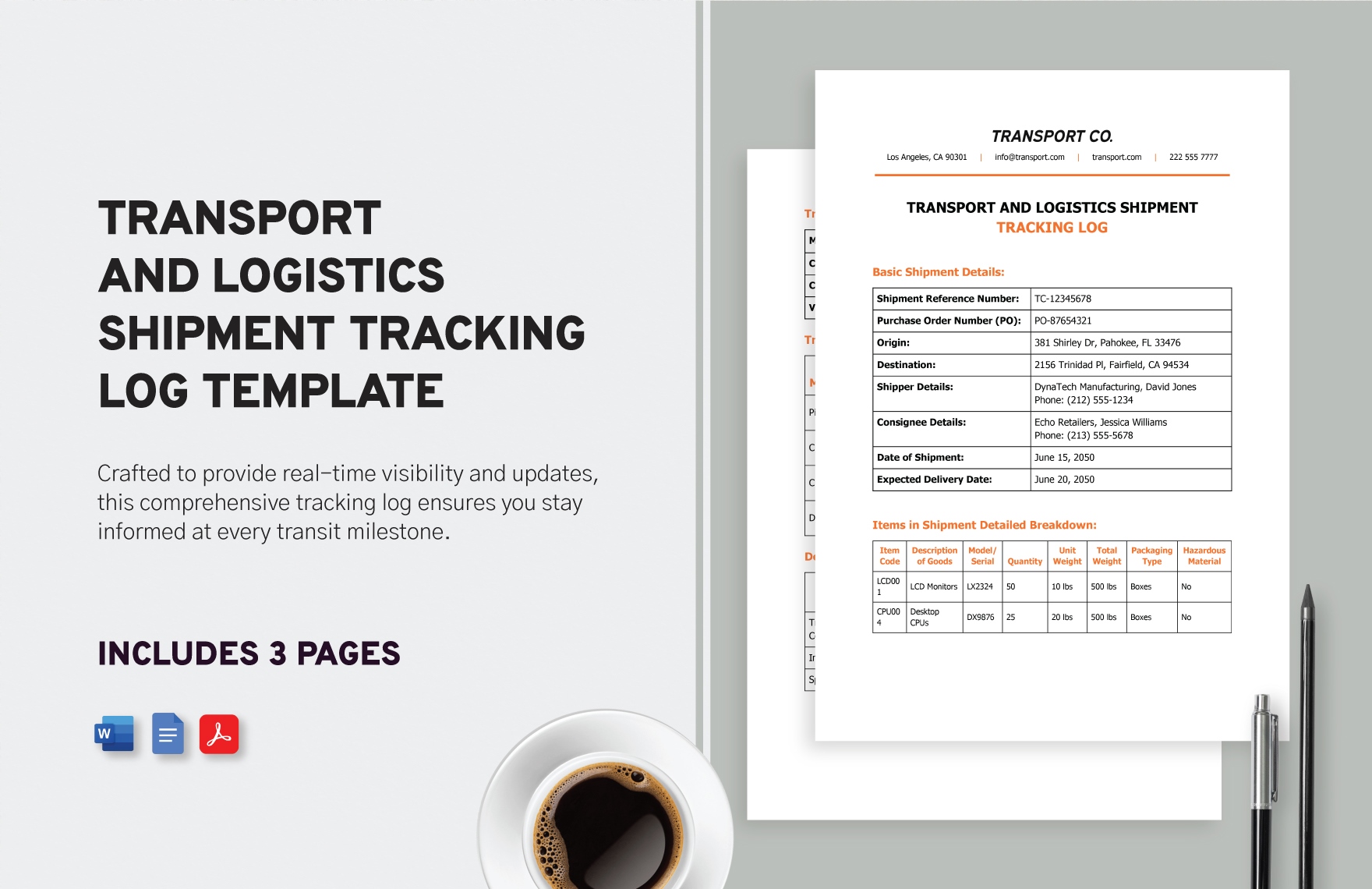 Transport And Logistics Shipment Tracking Log Template In Word PDF 