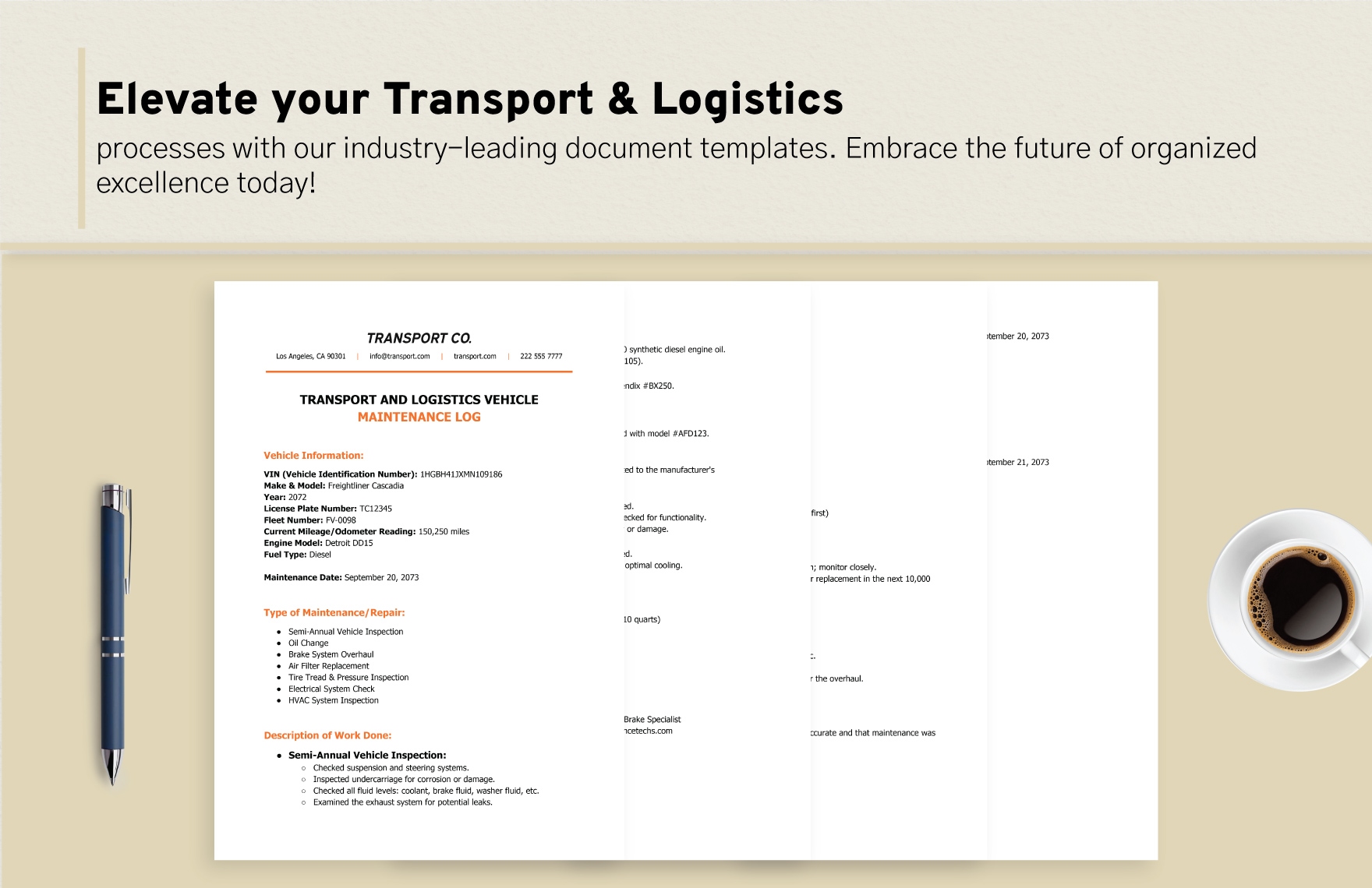 Transport and Logistics Vehicle Maintenance Log Template