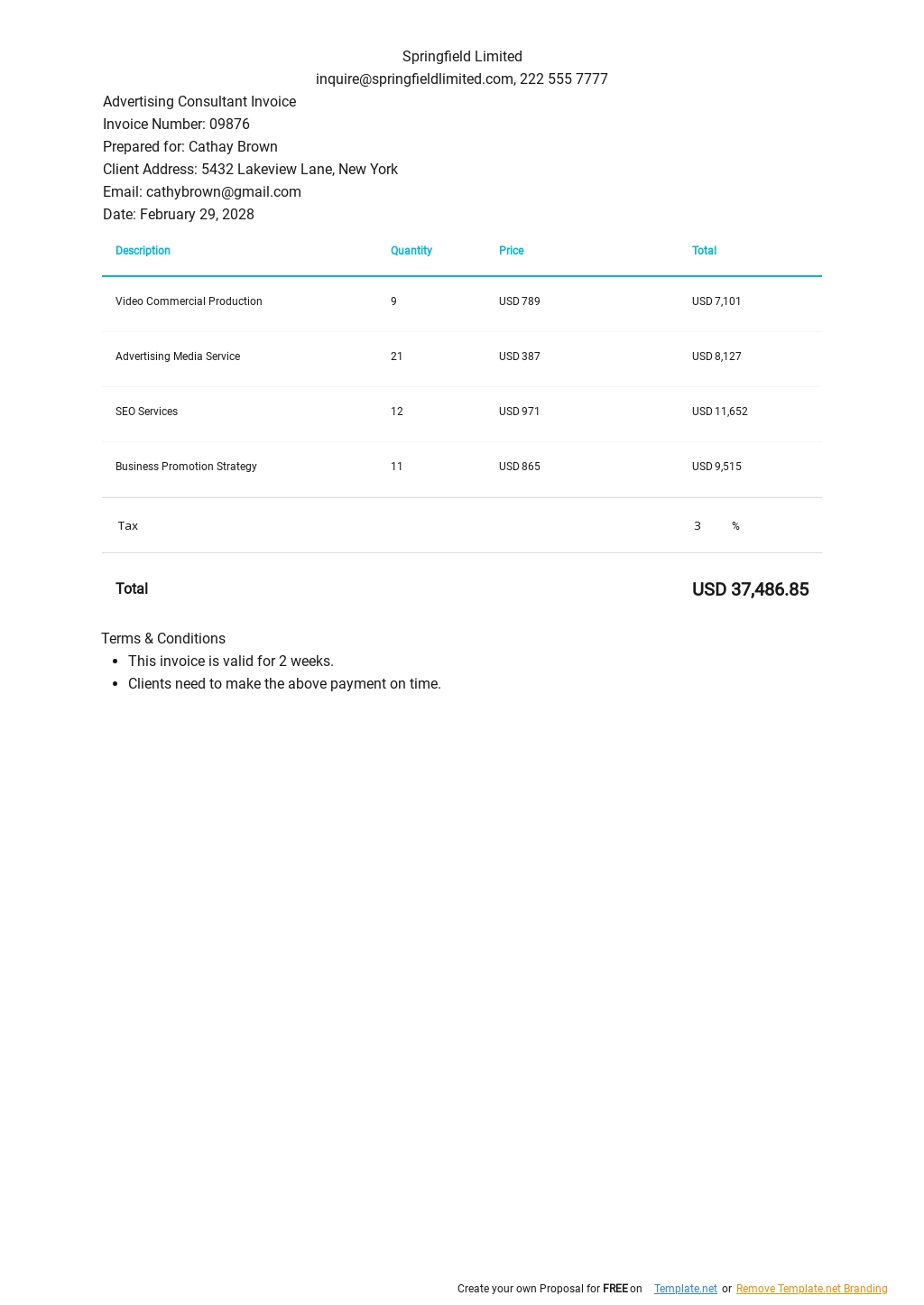 Advertising Consultant Invoice Template - Google Docs, Google Sheets, Excel, Word