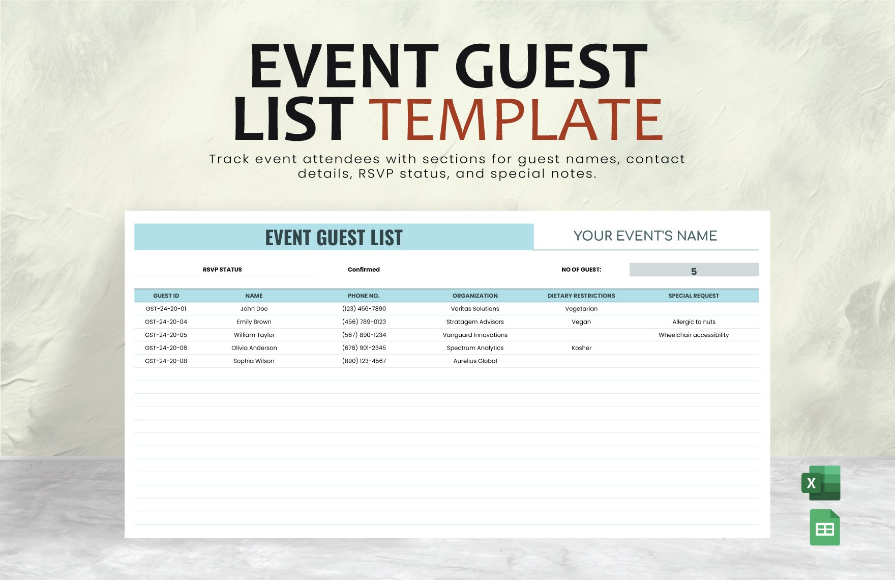 Event Guest List Template in Excel, Google Sheets