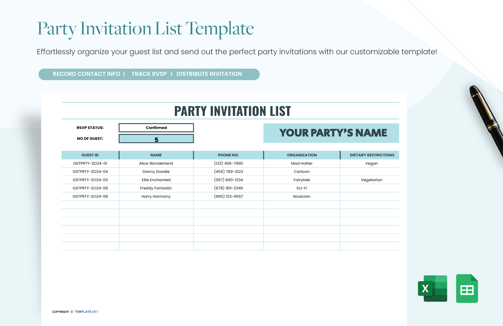 Party Invitation List Template in Excel, Google Sheets