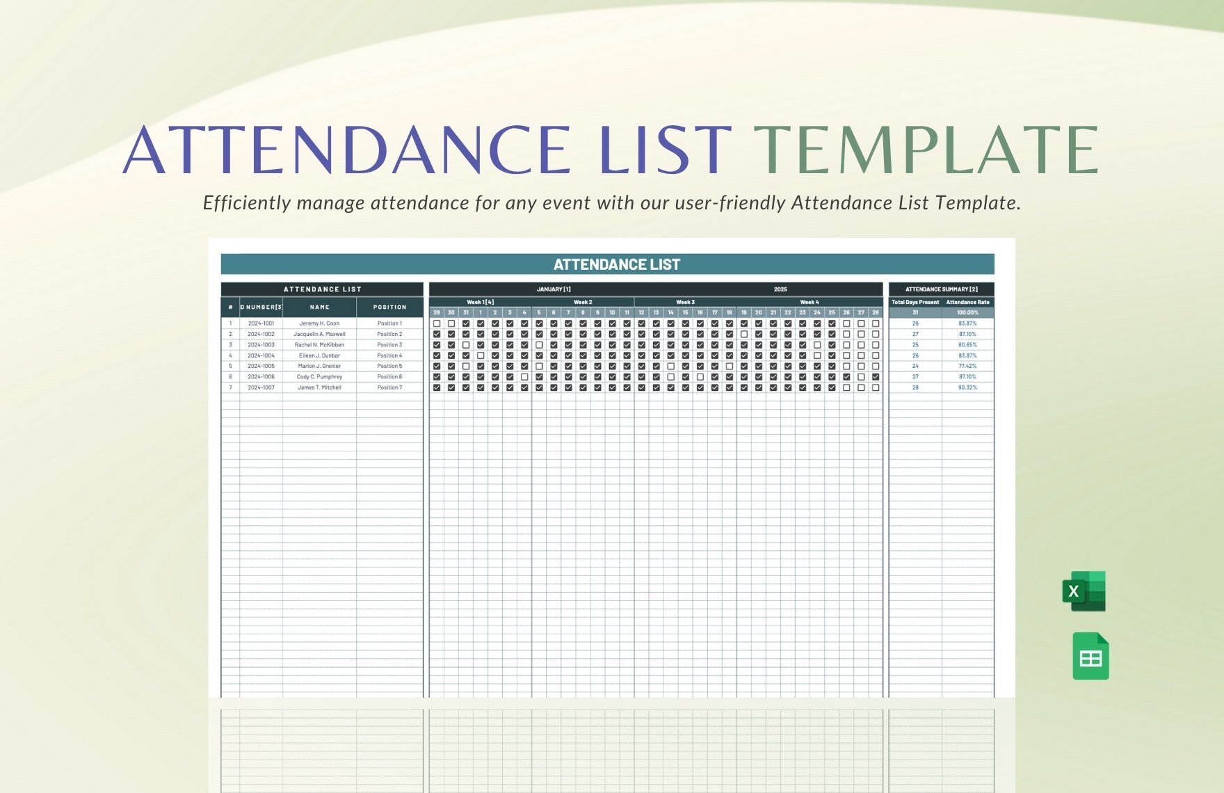 Attendance List Template in Excel, Google Sheets
