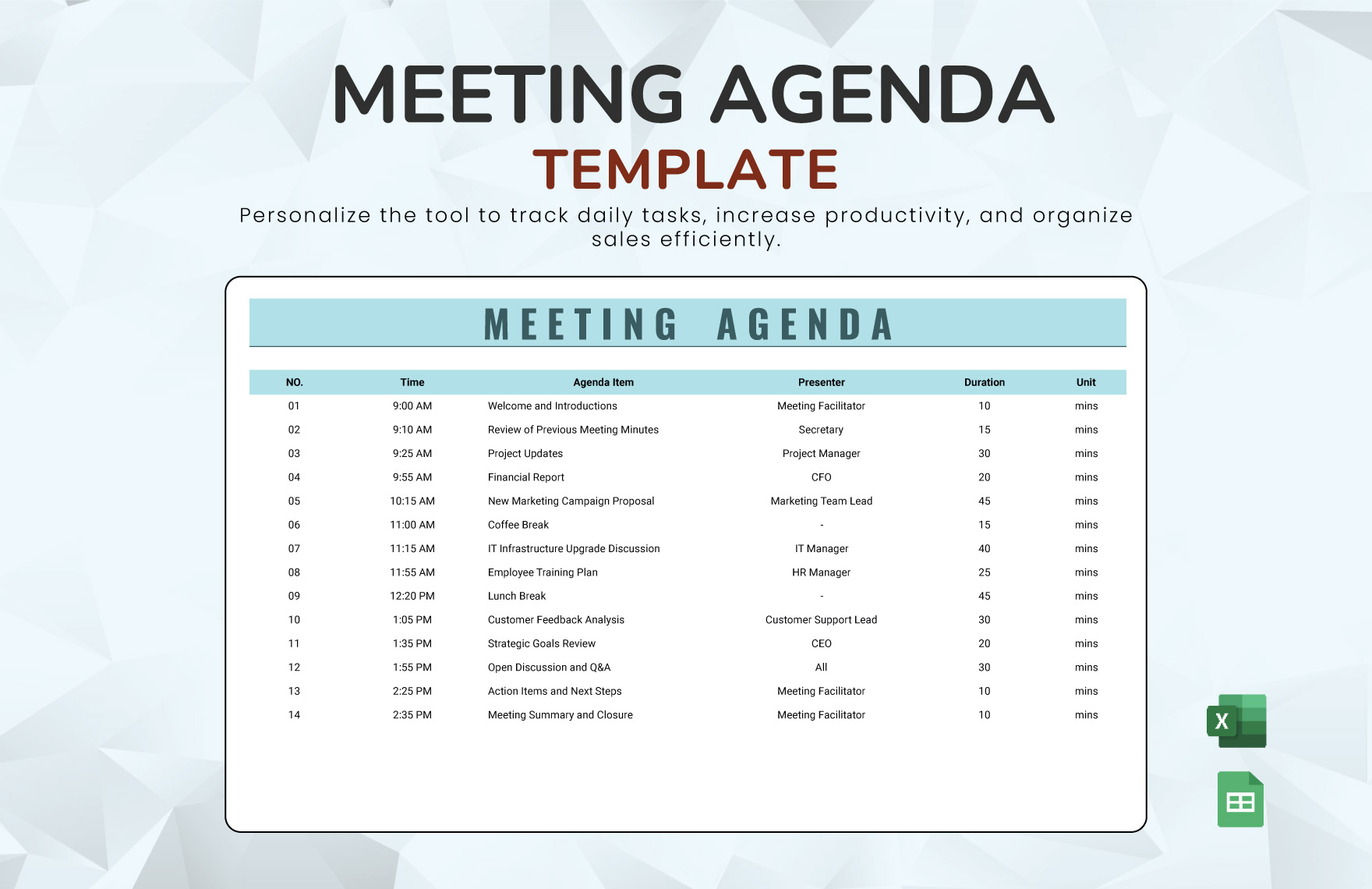 Meeting Agenda Template in Excel, Google Sheets - Download | Template.net