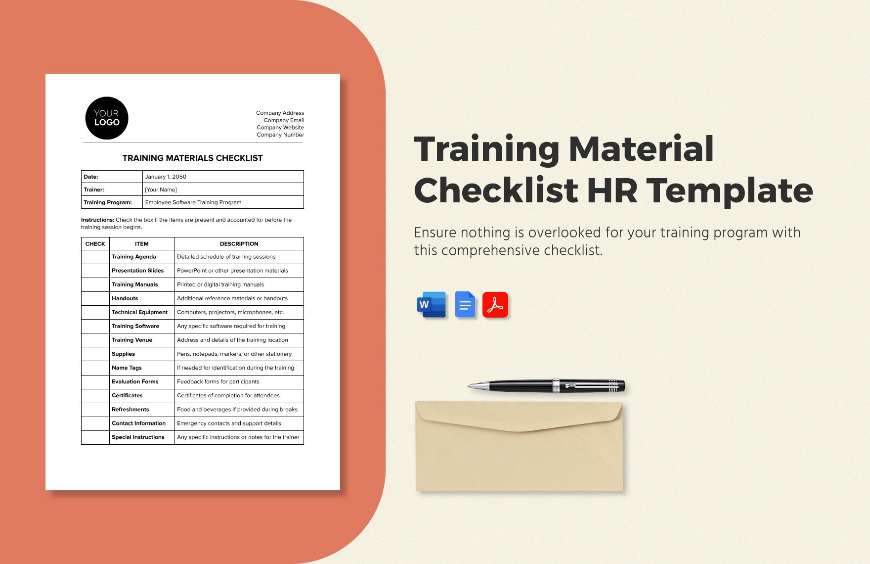 Training Material Checklist HR Template in Word, Google Docs, PDF