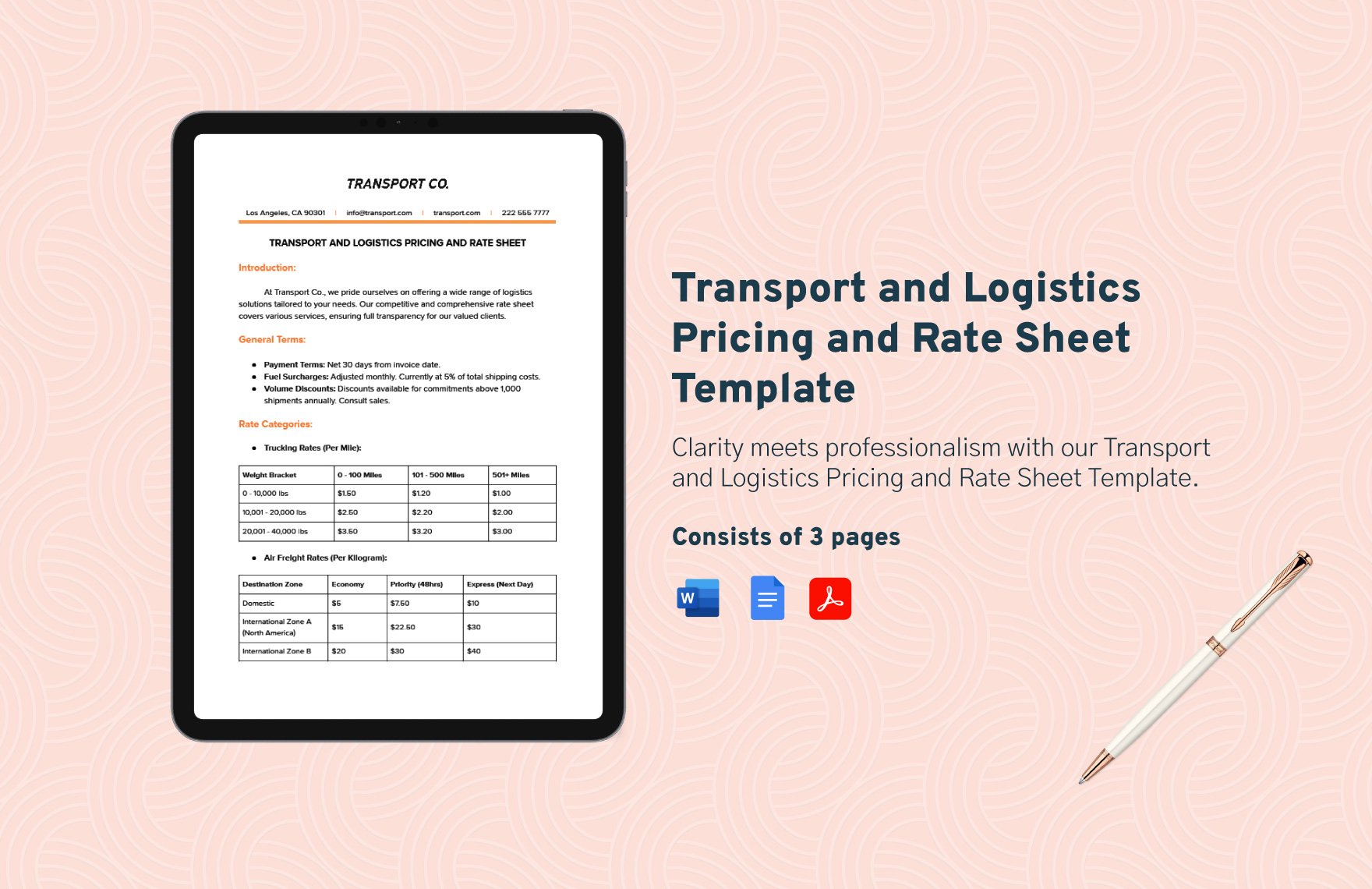 Transport and Logistics Pricing and Rate Sheet Template in Word, Google Docs, PDF