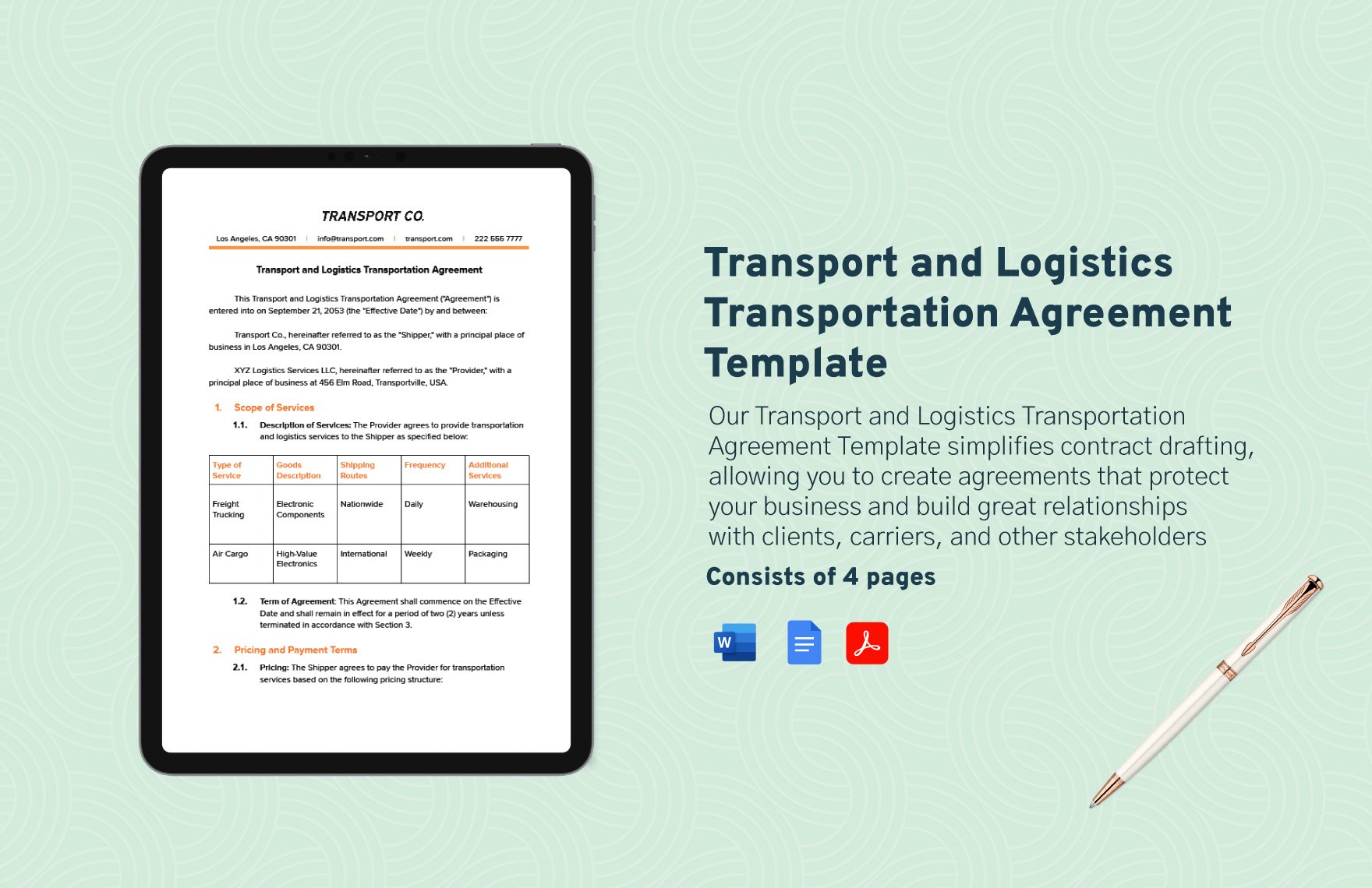 Transport and Logistics Transportation Agreement Template in Word, Google Docs, PDF
