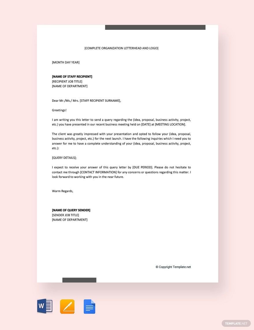 Free Query Letter Sample to a Staff Template