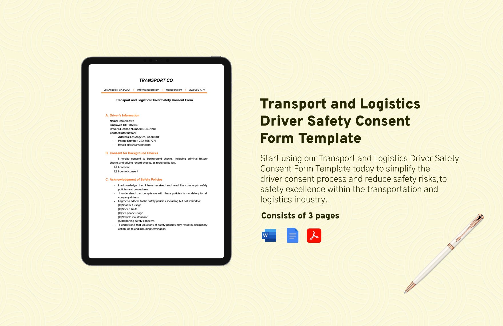 Transport and Logistics Driver Safety Consent Form Template in Word, Google Docs, PDF