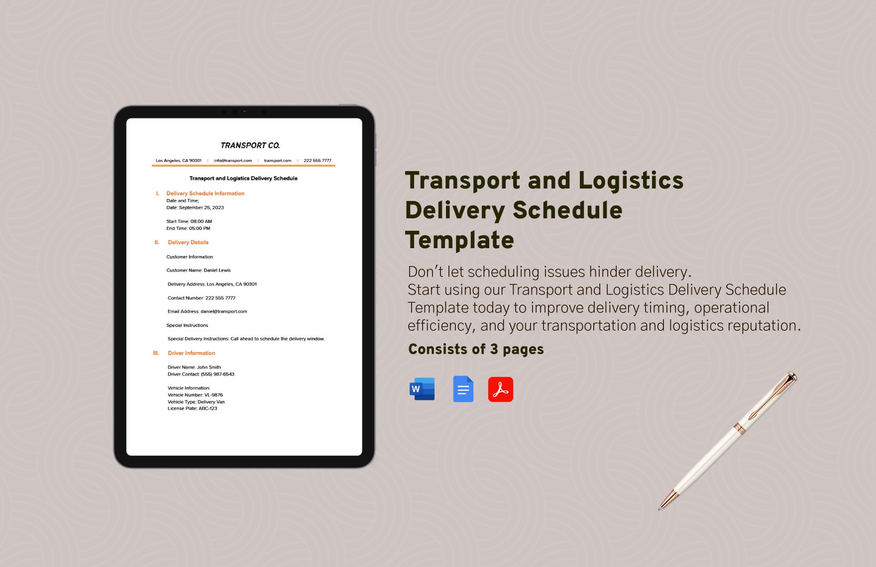 Transport and Logistics Delivery Schedule Template in Word, Google Docs, PDF