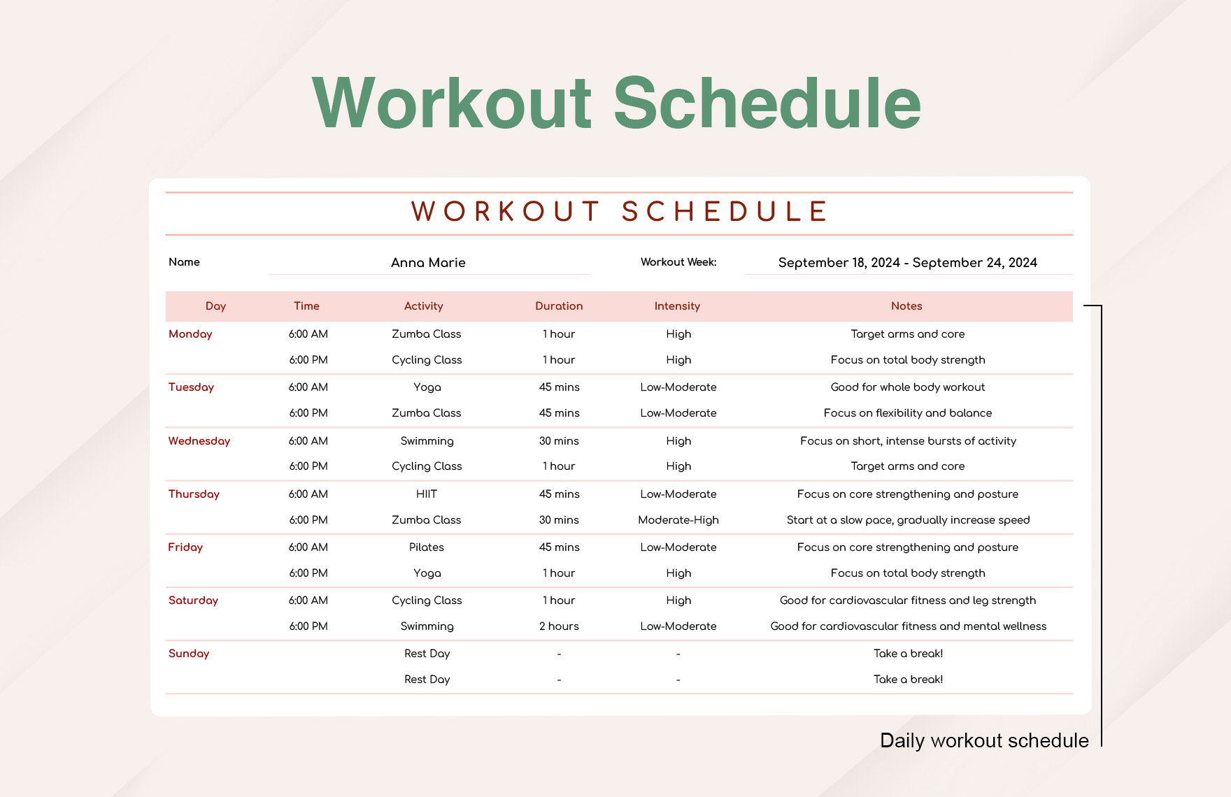 Workout Schedule Template - Download in Excel, Google Sheets | Template.net