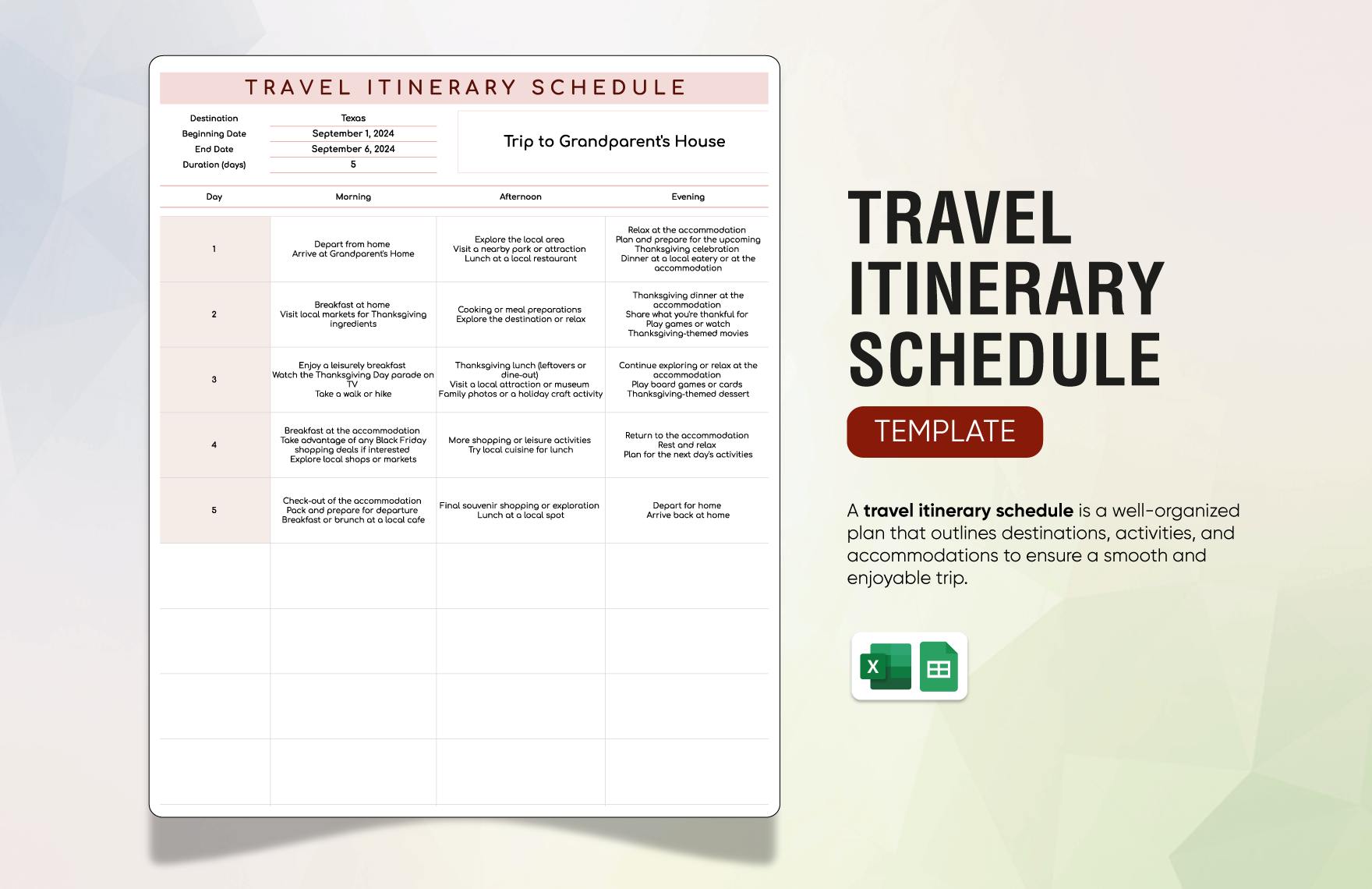 Travel Itinerary Schedule Template in Excel, Google Sheets to Download