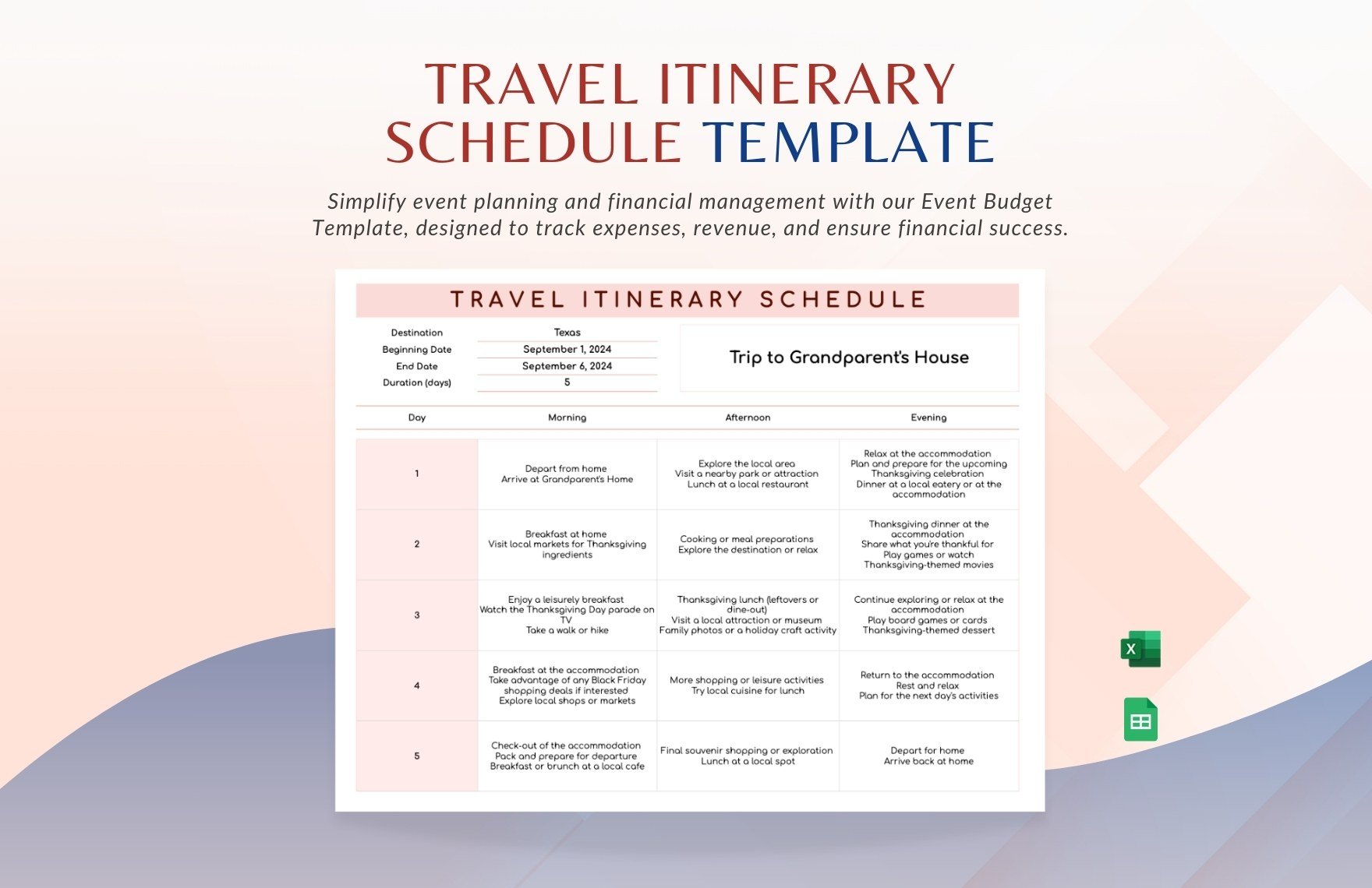 Travel Itinerary Schedule Template in Excel, Google Sheets