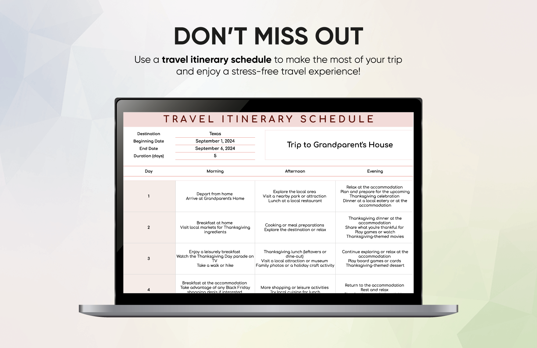Travel Itinerary Schedule Template
