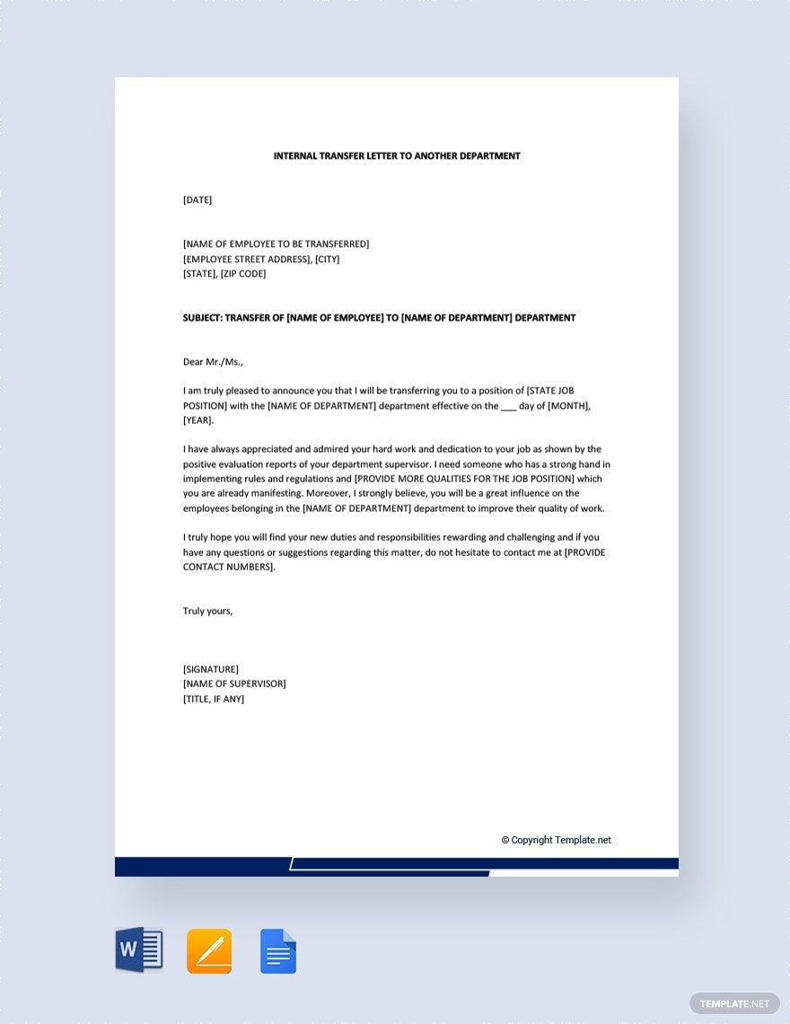 Internal Transfer Letter To Another Department in Pages, PDF, Word, Google Docs - Download | Template.net