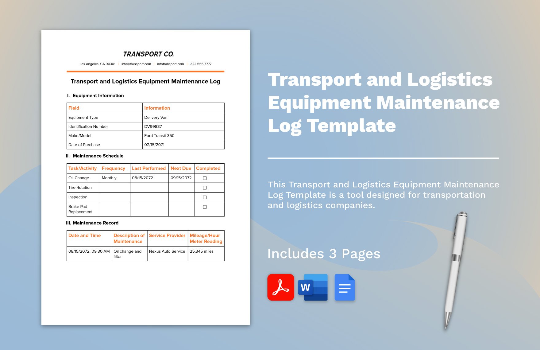 Transport and Logistics Equipment Maintenance Log Template