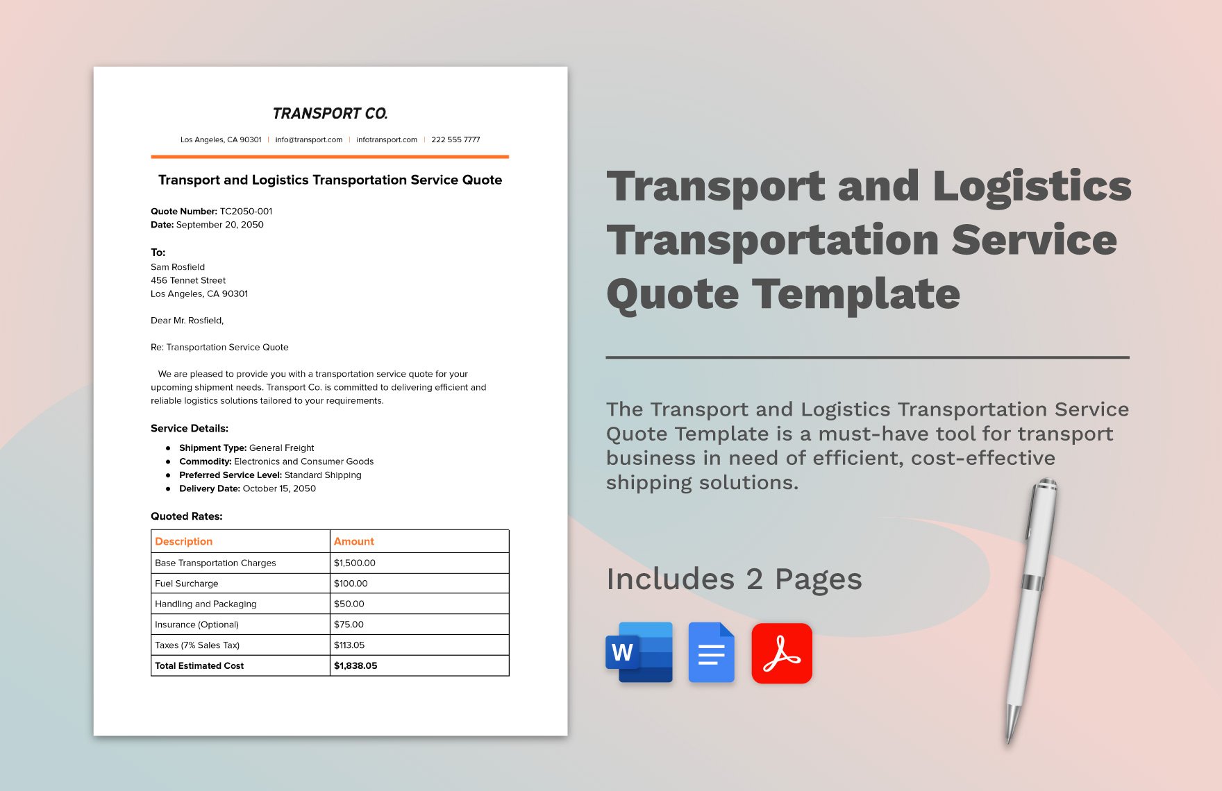 Transport and Logistics Transportation Service Quote Template