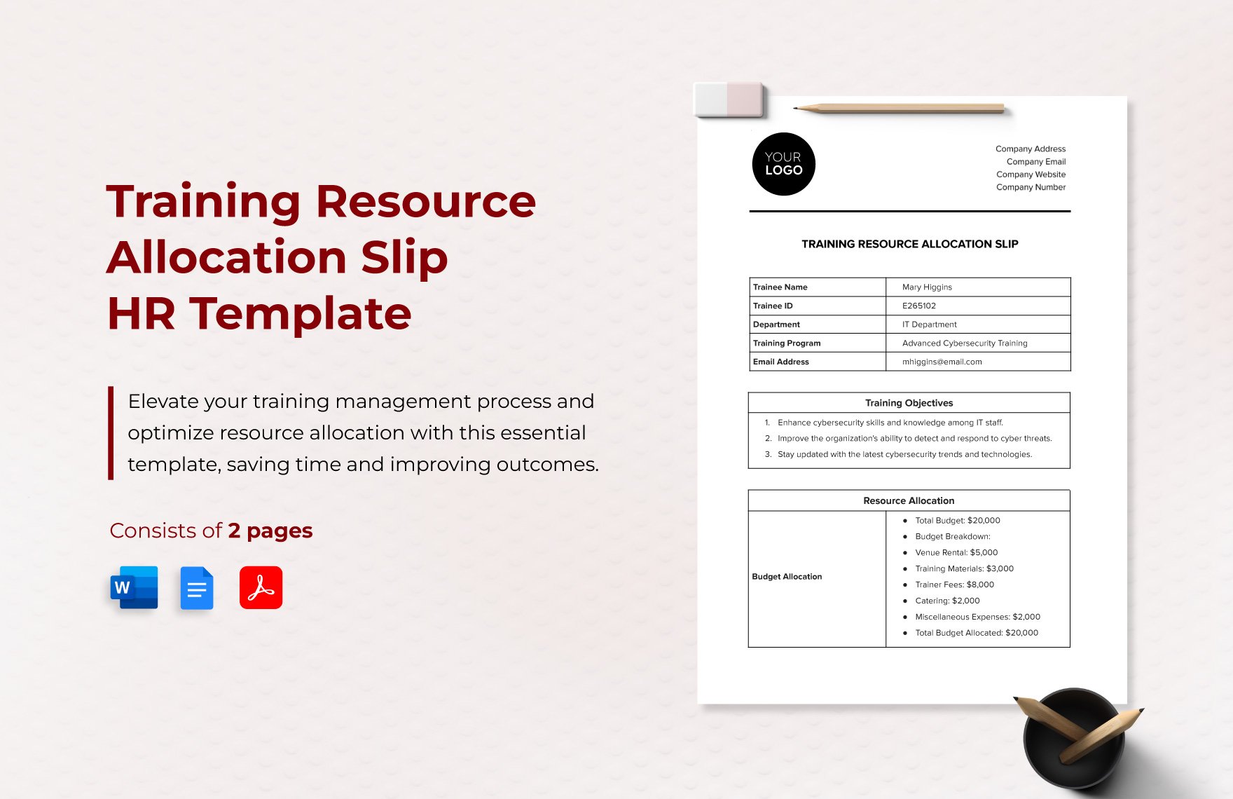 Training Resource Allocation Slip HR Template in Word, Google Docs, PDF
