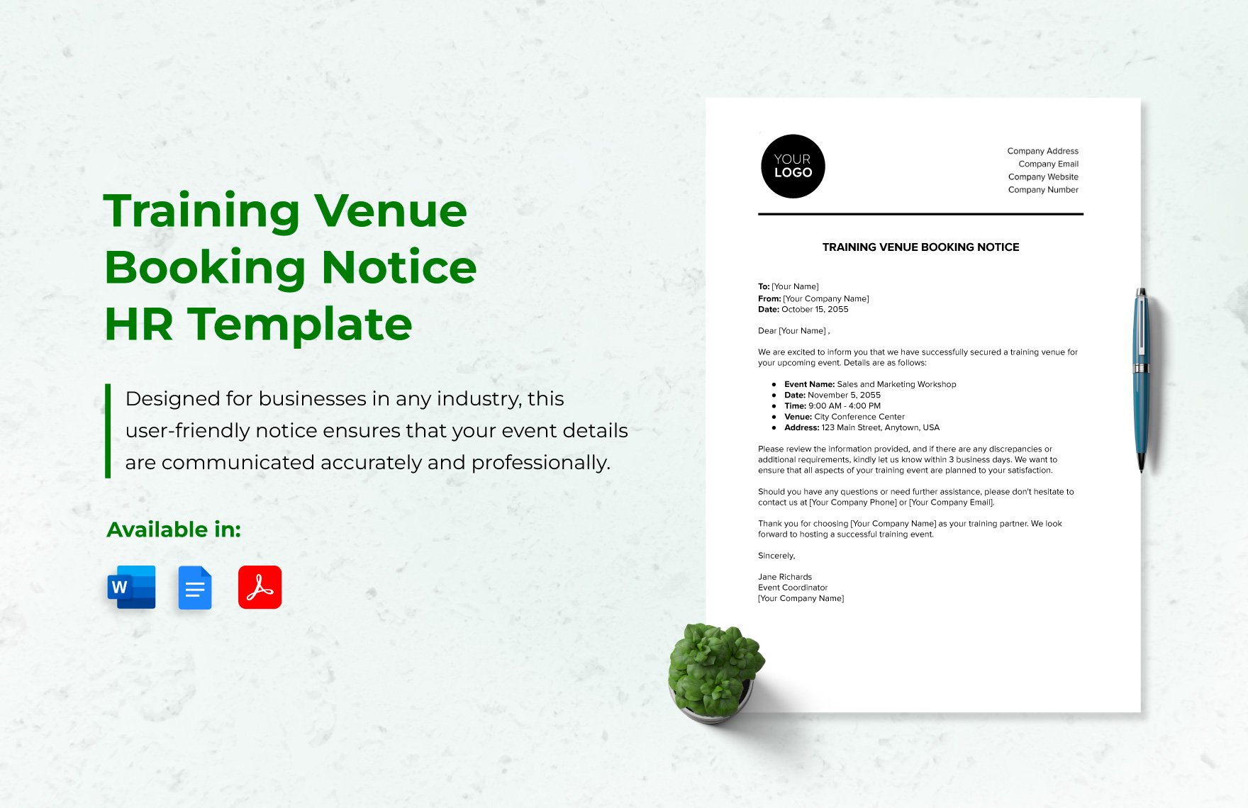 Training Venue Booking Notice HR Template in Word, Google Docs, PDF