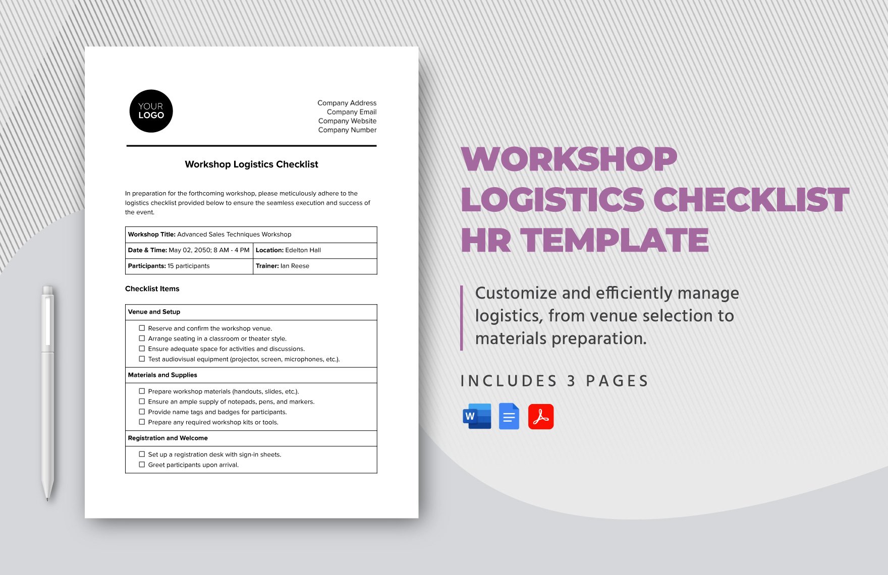 Workshop Logistics Checklist HR Template in Word, Google Docs, PDF