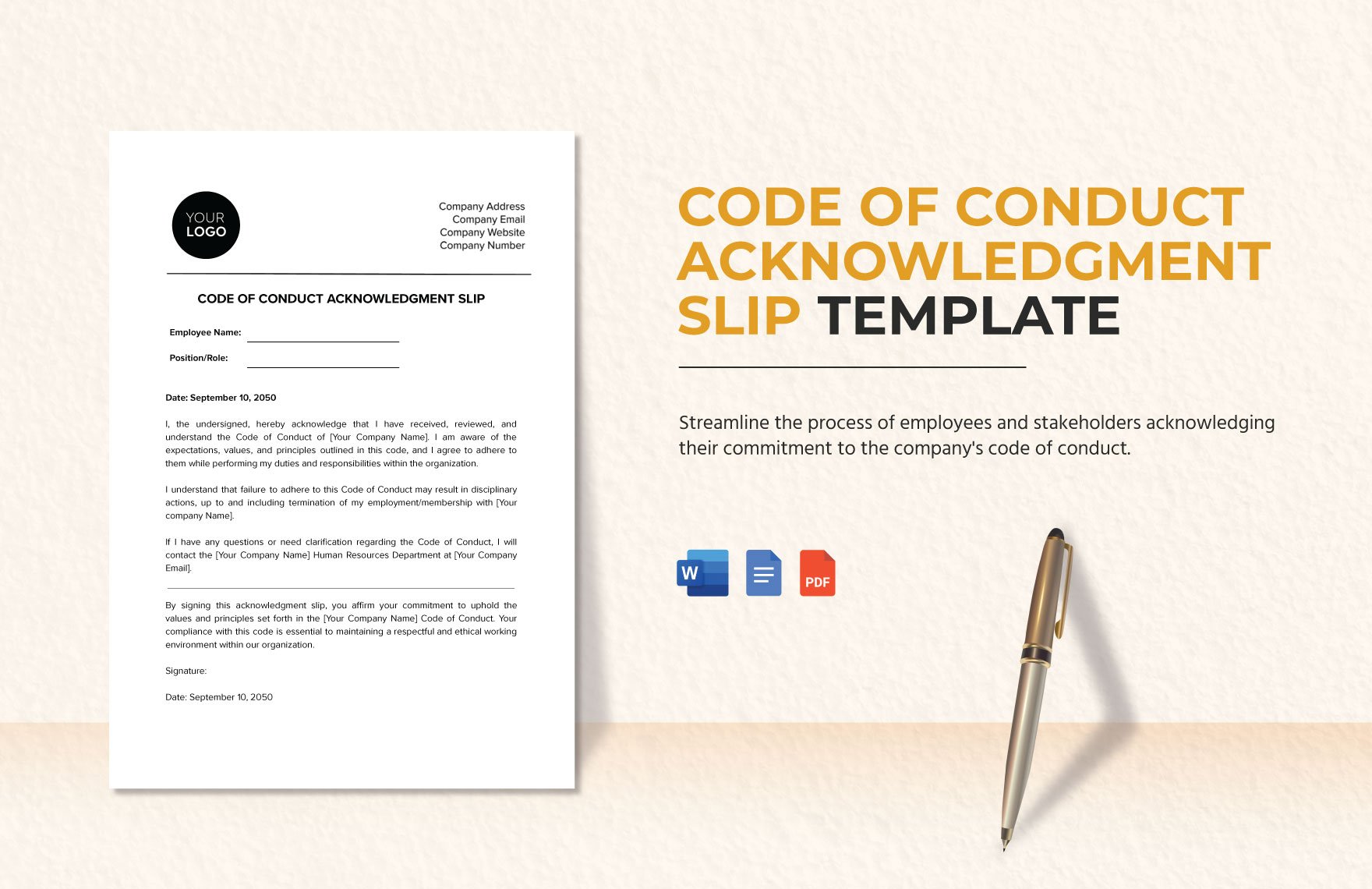 Code of Conduct Acknowledgment Slip HR Template in Word, Google Docs, PDF