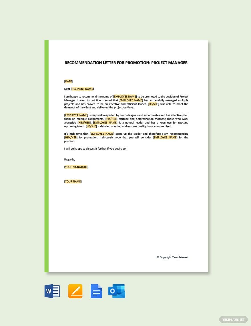 Promotion Recommendation Letter For Project Manager Template
