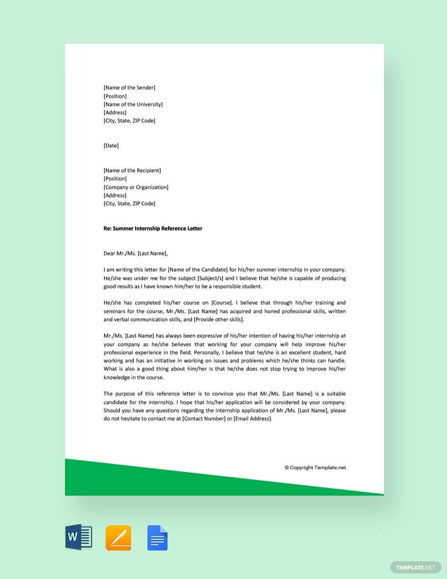 Free Summer Internship Reference Letter Template