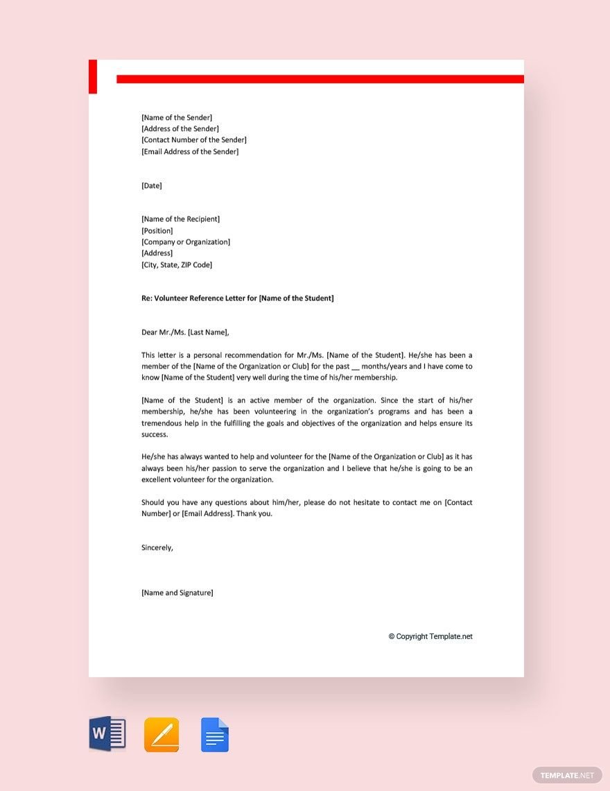 Volunteer Reference Letter For Student Template