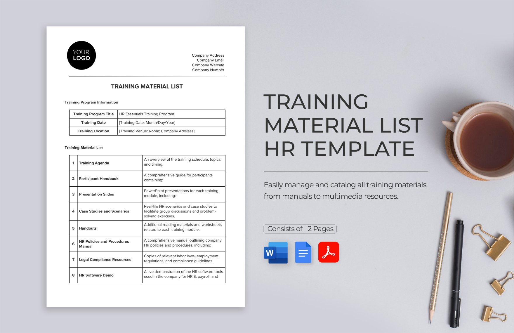 Training Material List HR Template in Word, Google Docs, PDF