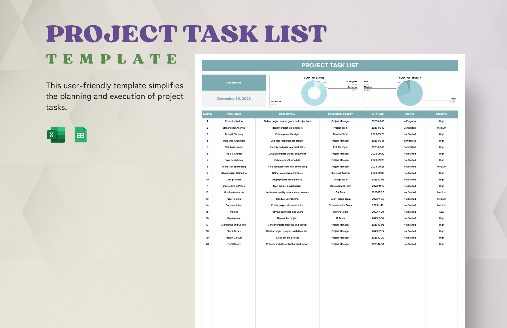 Project Task List Template in Excel, Google Sheets